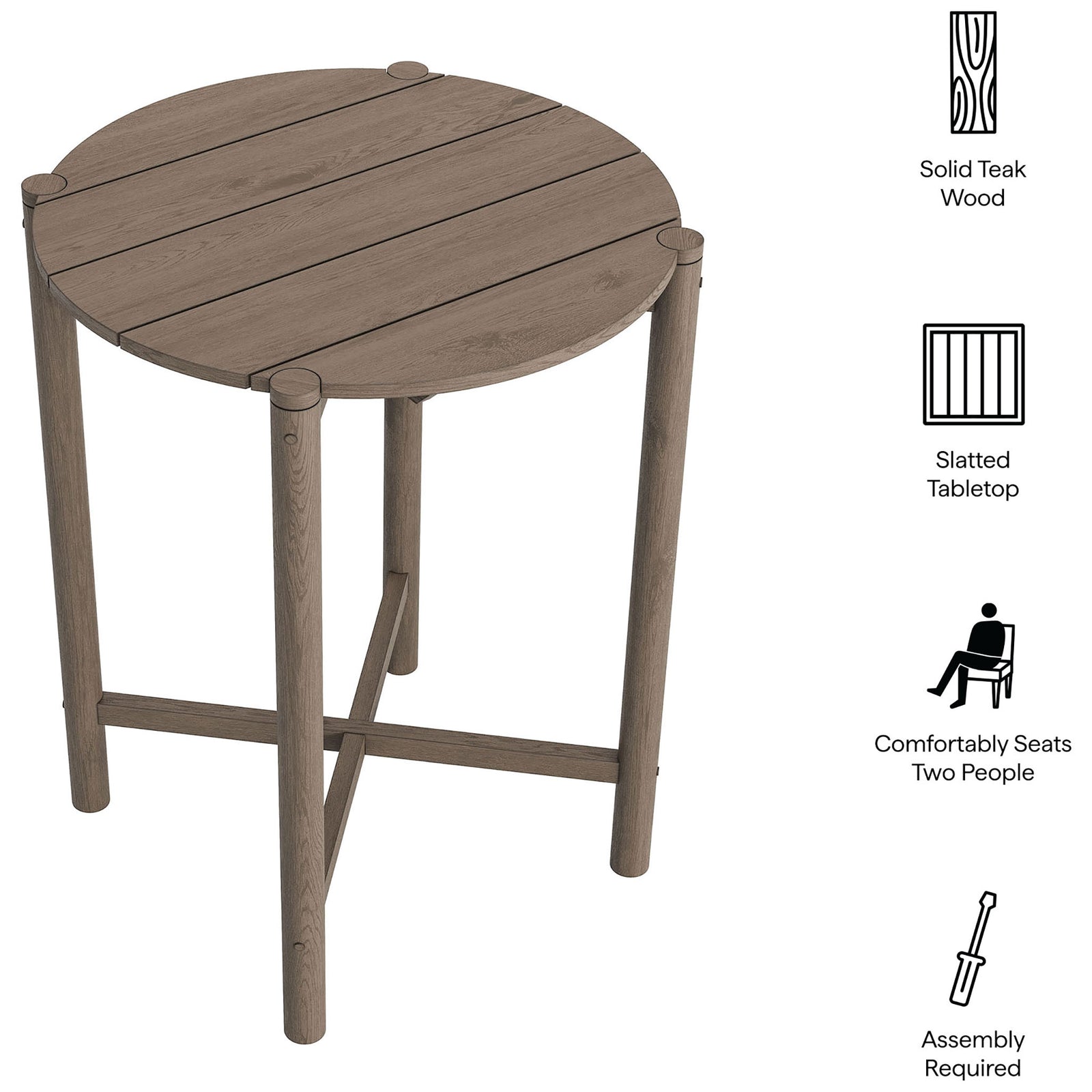 Feature callouts highlight this weathered gray teak round bar table with slatted top and seating for two || EEI-7628-WGR || callout_studio