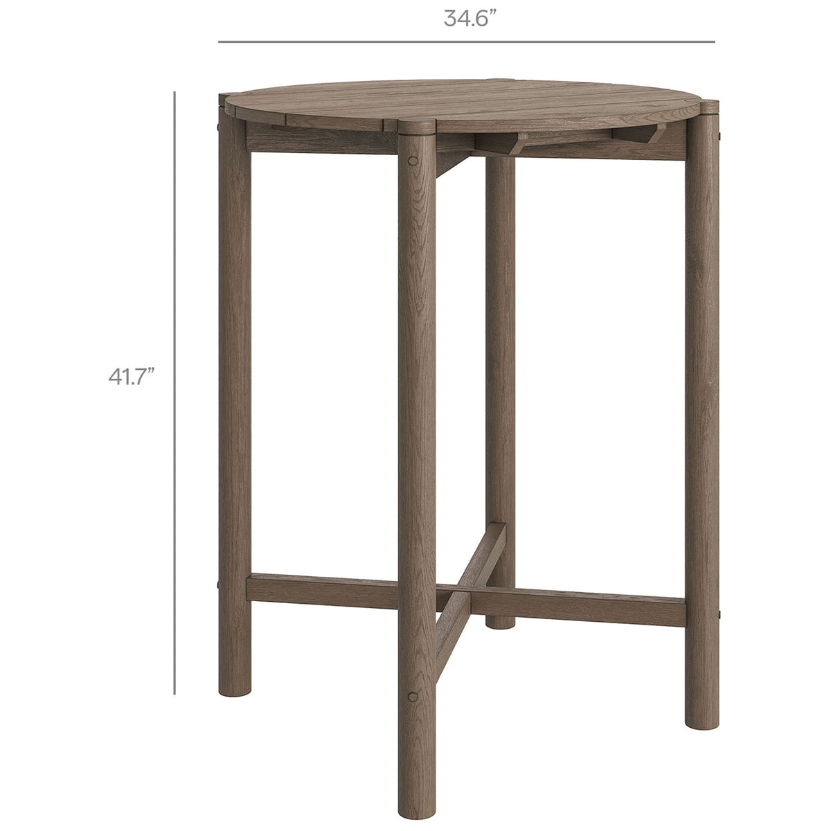 35 inch weathered gray teak round bar table sized just right for balconies and small outdoor spaces || EEI-7628-WGR || dimension_studio