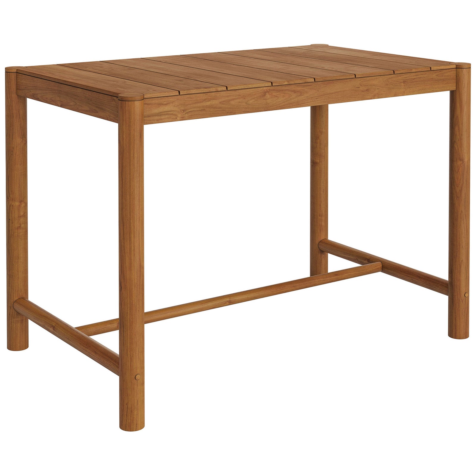 Solid teak bar table with slatted top and integrated footrest stretcher for patio cocktails || EEI-7629-NAT || front_angle_studio