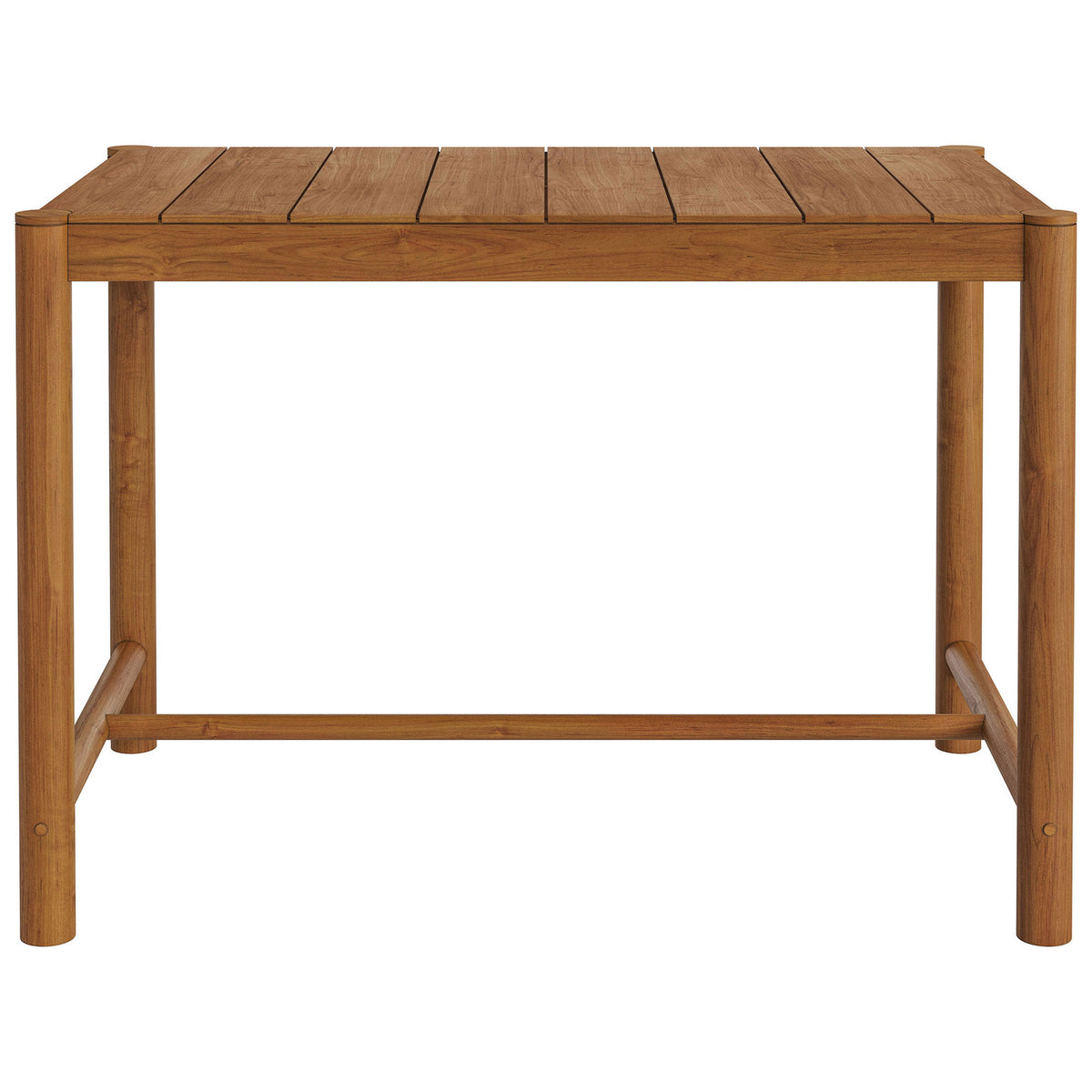 Natural teak bar table with slatted rectangular top and rounded legs for relaxed outdoor dining || EEI-7629-NAT || front_studio
