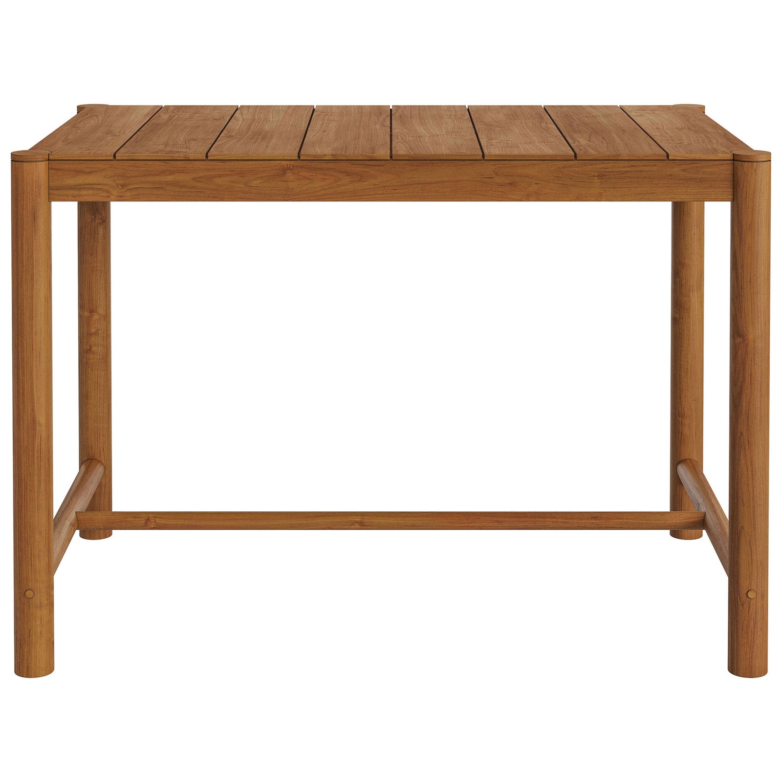 Natural teak bar table with slatted rectangular top and rounded legs for relaxed outdoor dining || EEI-7629-NAT || front_studio