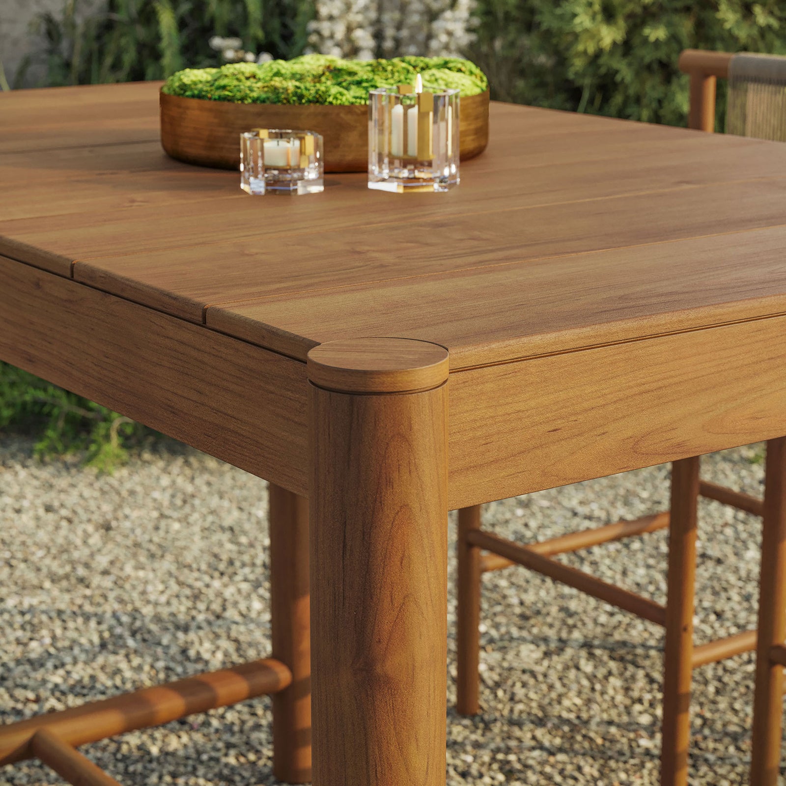 Natural teak bar table top styled with candles and greenery for inviting outdoor entertaining || EEI-7629-NAT || detail_room