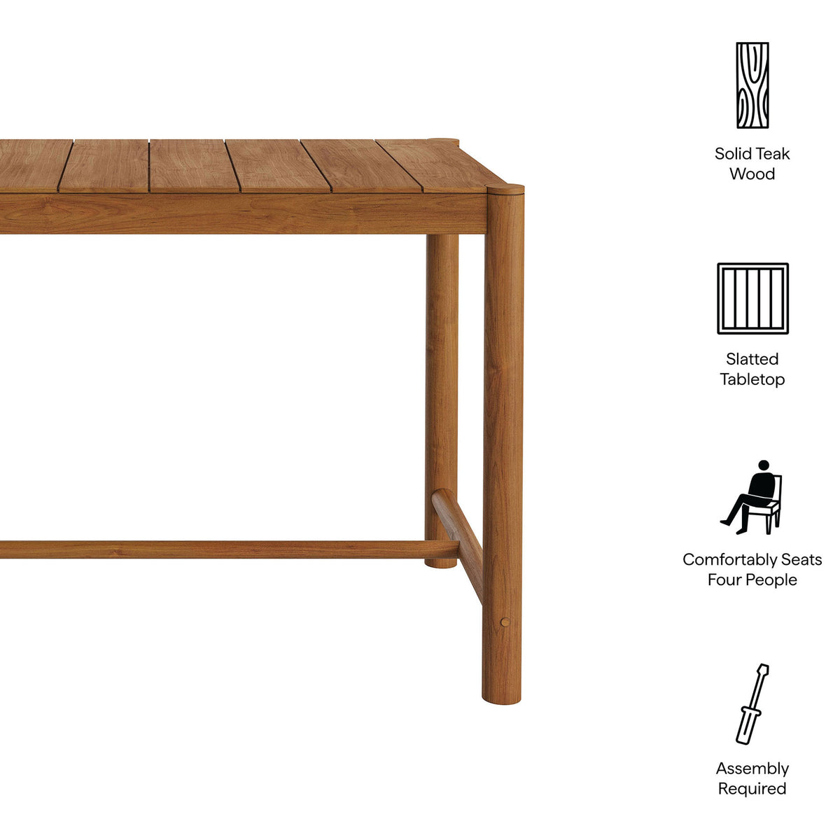 Feature callouts highlight this natural teak bar table with slatted top, seating for four, and easy assembly || EEI-7629-NAT || callout_studio
