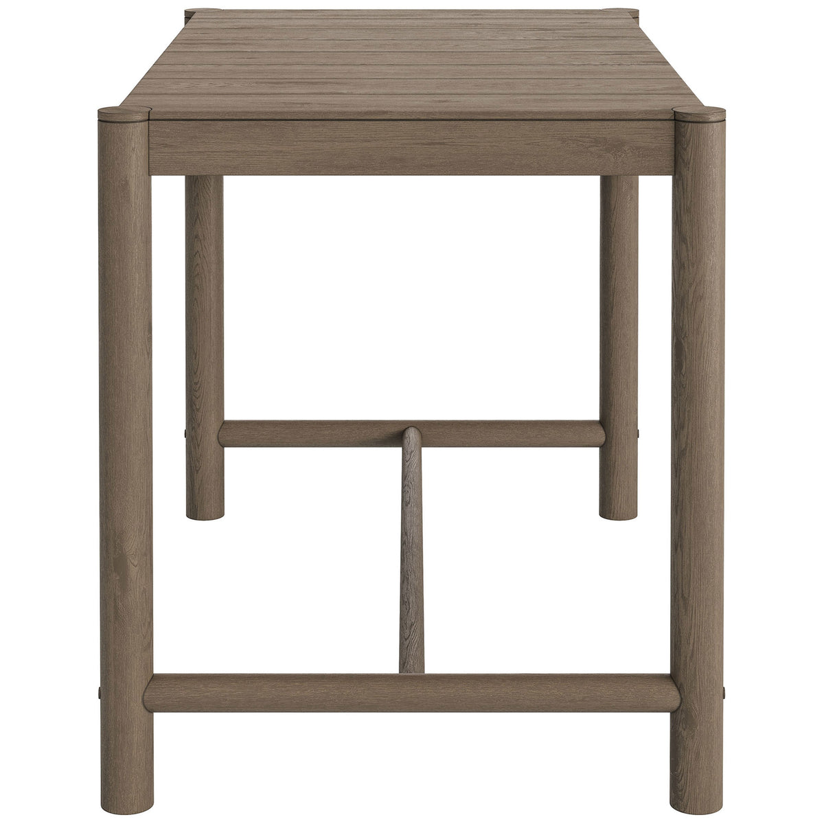 Weathered gray teak bar table with slim frame and rounded posts for contemporary spaces || EEI-7629-WGR || side_studio
