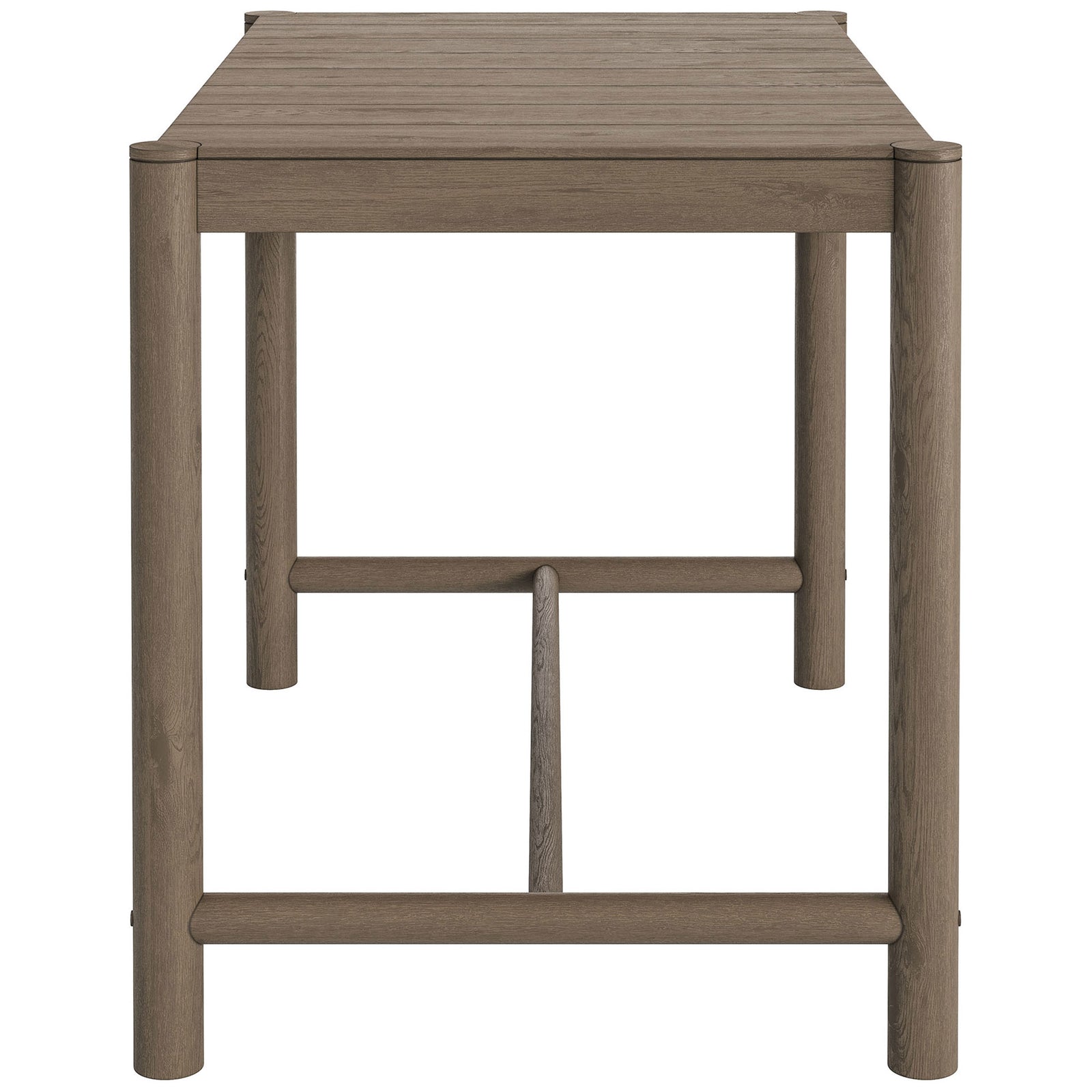 Weathered gray teak bar table with slim frame and rounded posts for contemporary spaces || EEI-7629-WGR || side_studio