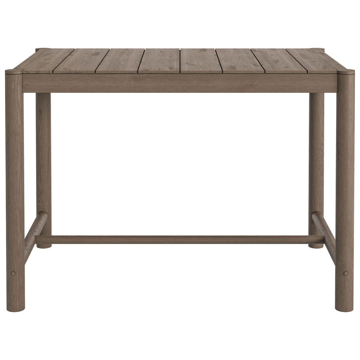 Weathered gray teak bar table with slatted top and sturdy round legs for alfresco gatherings || EEI-7629-WGR || front_studio