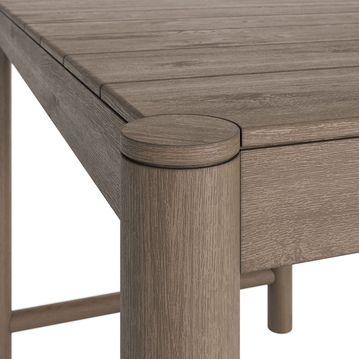 Weathered gray teak finish and rounded corner posts bring rich texture to this elevated bar table || EEI-7629-WGR || detail_studio