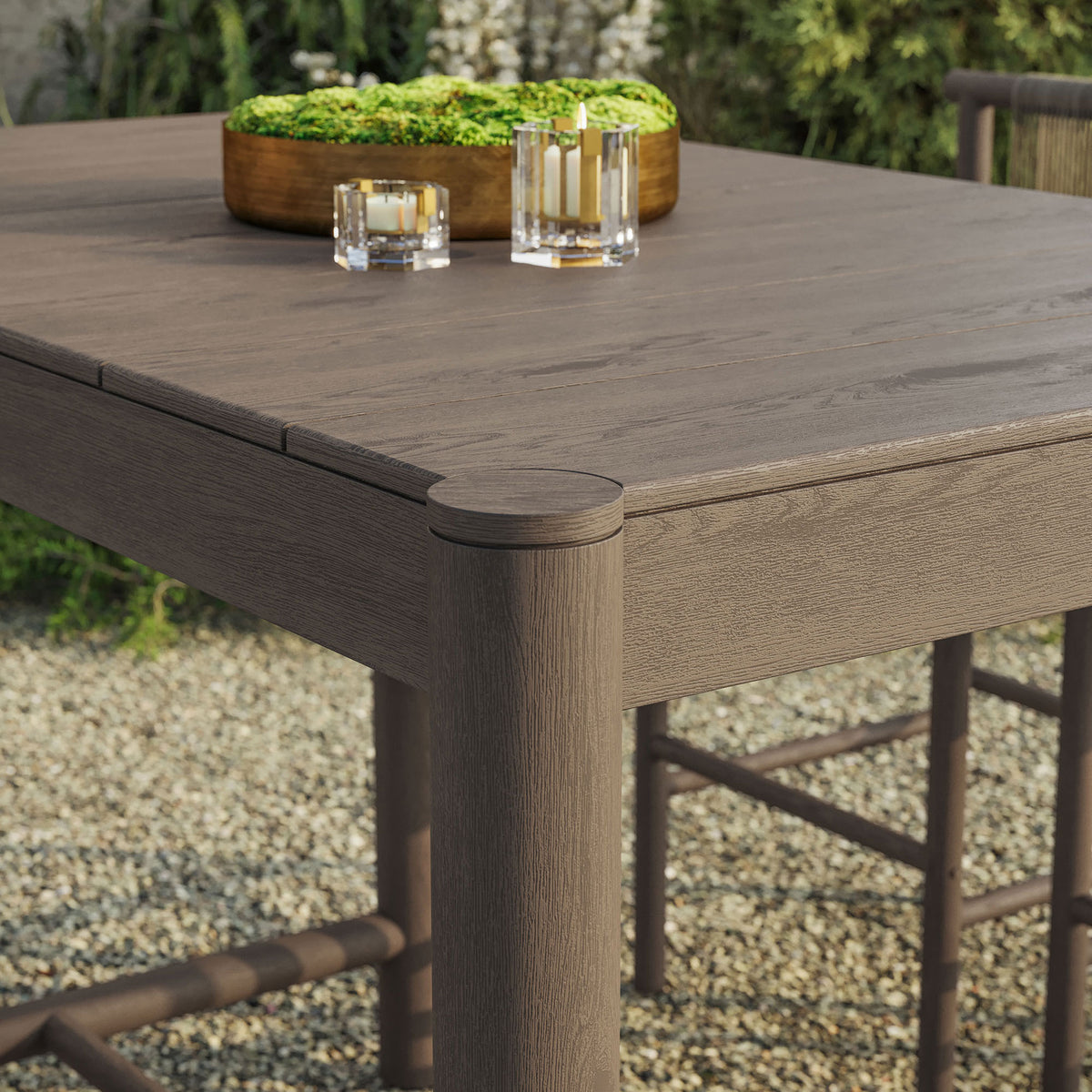 Weathered gray teak bar table top styled with drinks and decor for relaxed outdoor entertaining || EEI-7629-WGR || detail_room