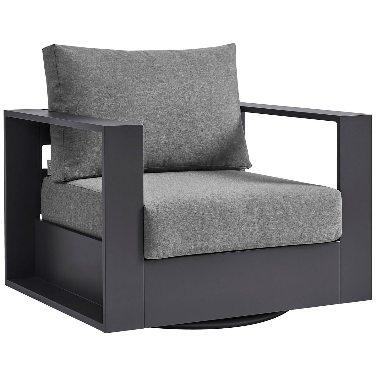Modern charcoal outdoor armchair with deep cushioned seat and wide track arms on swivel base || EEI-7728-GRY-CHA || front_angle_studio