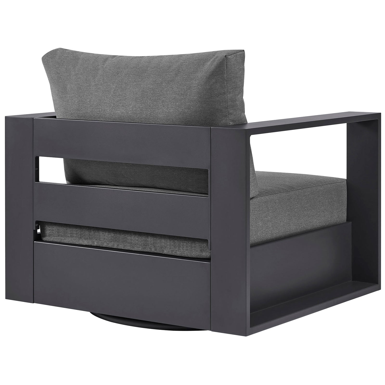Rear of charcoal swivel armchair with slatted back panel and wraparound arms || EEI-7728-GRY-CHA || back_angle_studio