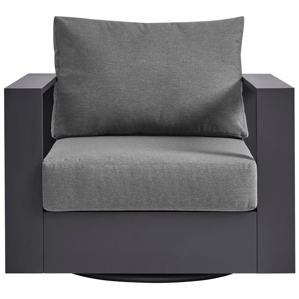Tahoe charcoal swivel patio armchair with thick gray cushions and sleek open-sided frame || EEI-7728-GRY-CHA || front_studio