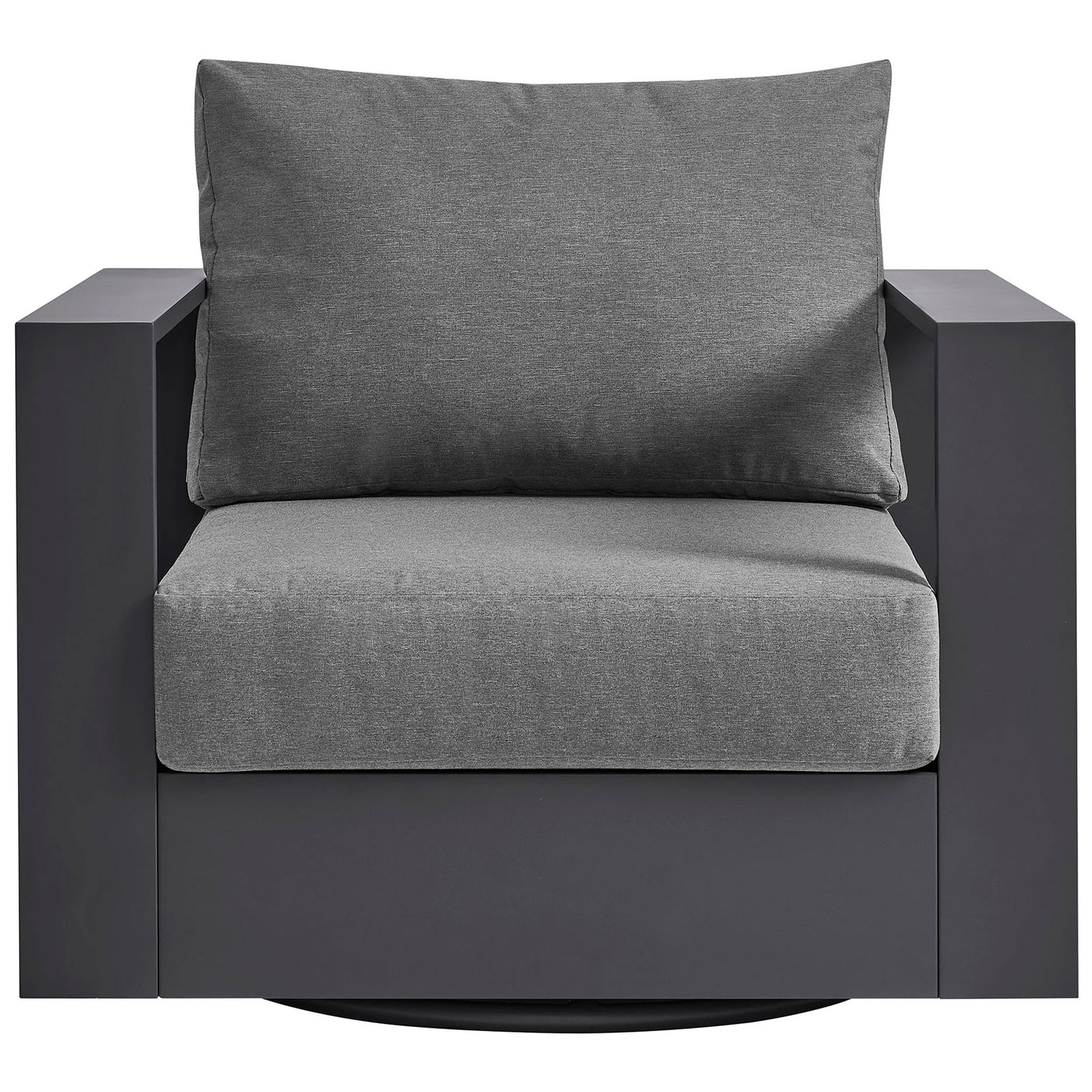 Tahoe charcoal swivel patio armchair with thick gray cushions and sleek open-sided frame || EEI-7728-GRY-CHA || front_studio