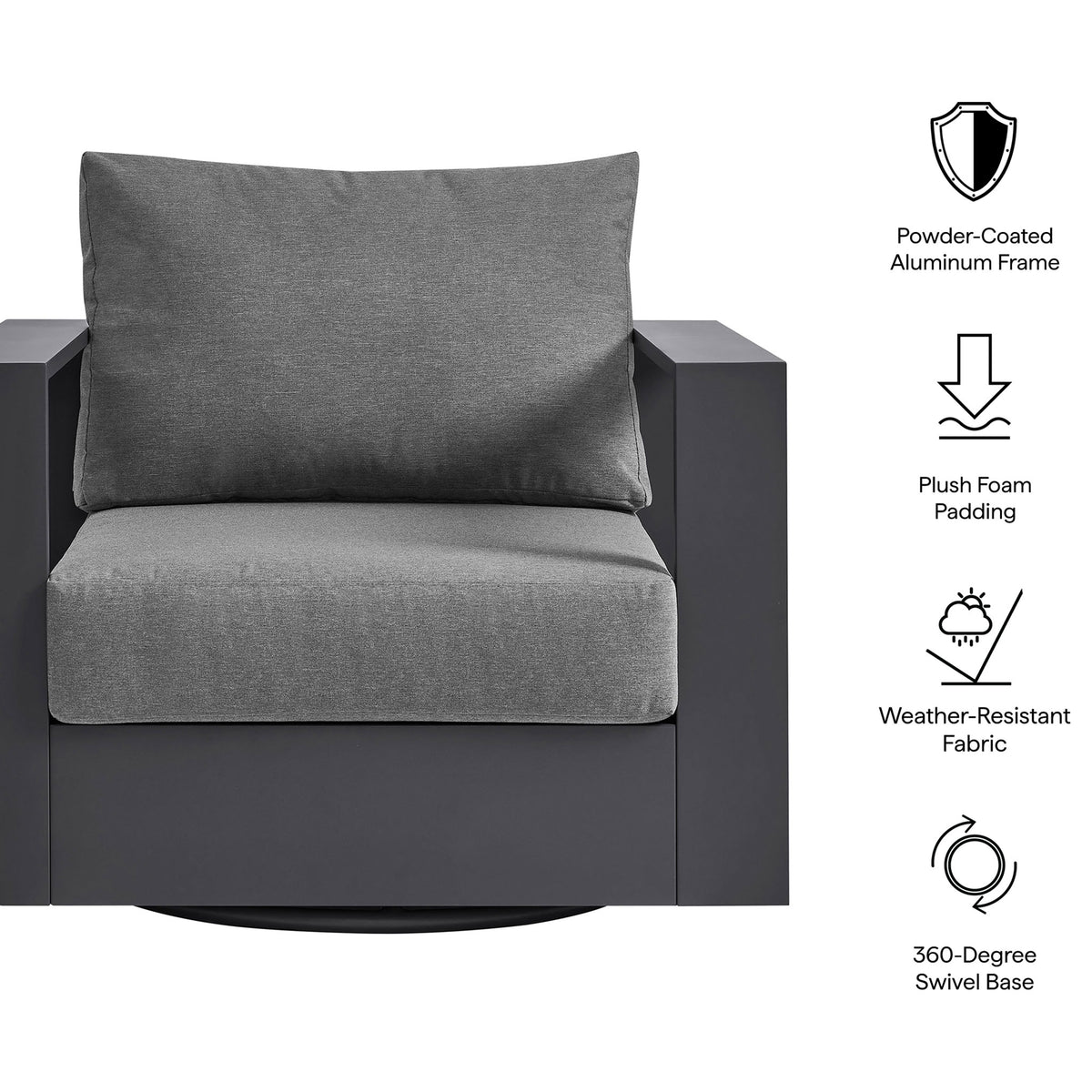 Feature graphic highlighting Tahoe swivel armchair frame cushions fabric and 360-degree base || EEI-7728-GRY-CHA || callout_studio