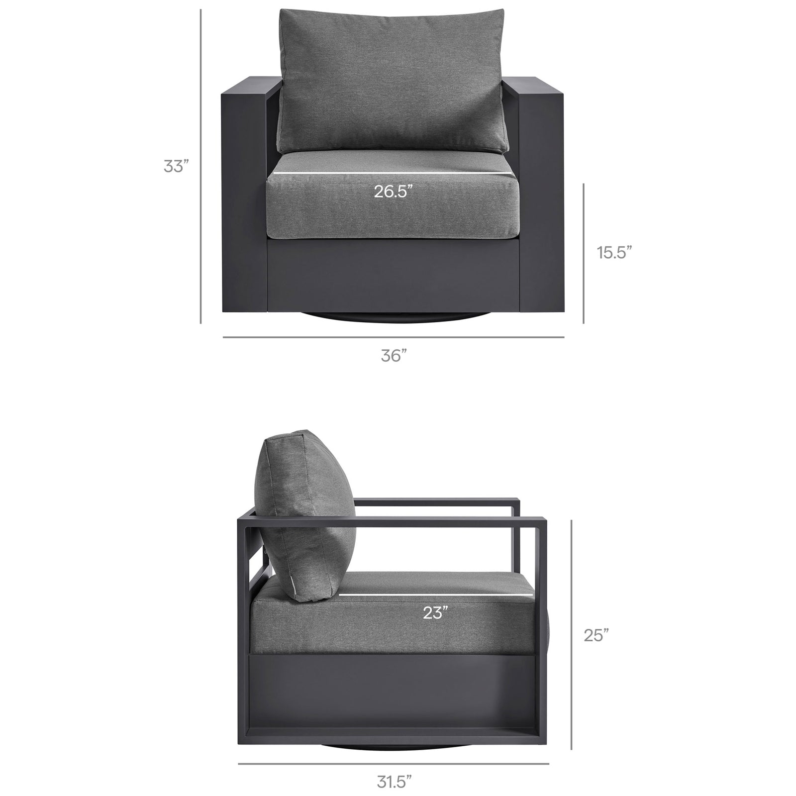 Measurement graphic for Tahoe swivel armchair detailing seat width depth height and overall size || EEI-7728-GRY-CHA || dimension_studio