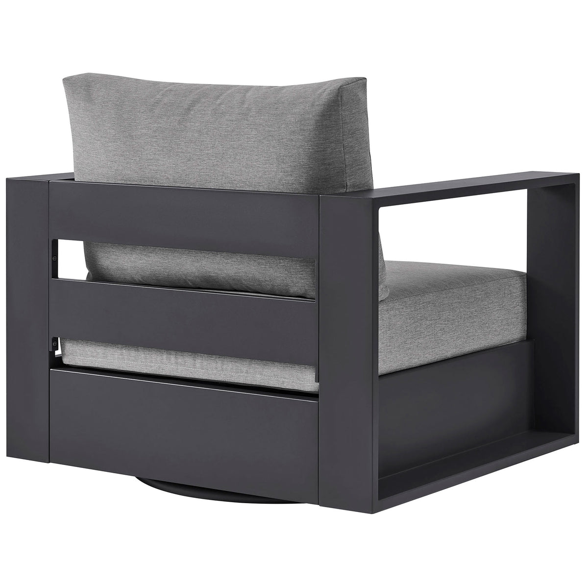 Rear of Tahoe swivel armchair with charcoal slatted back and supportive gray cushion || EEI-7728-GRY-GRY || back_angle_studio