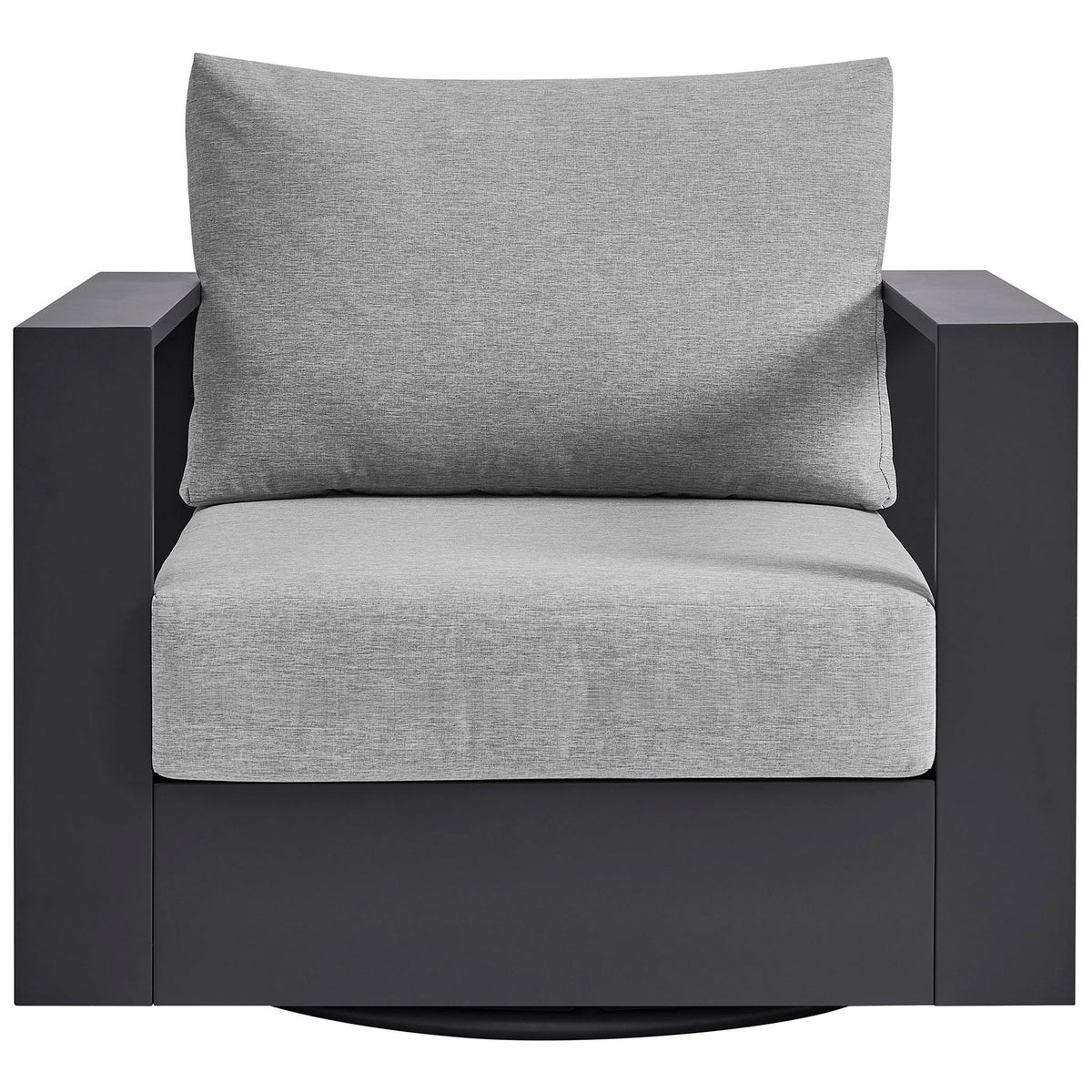 Tahoe swivel patio armchair with light gray cushions and charcoal frame for modern outdoor seating || EEI-7728-GRY-GRY || front_studio