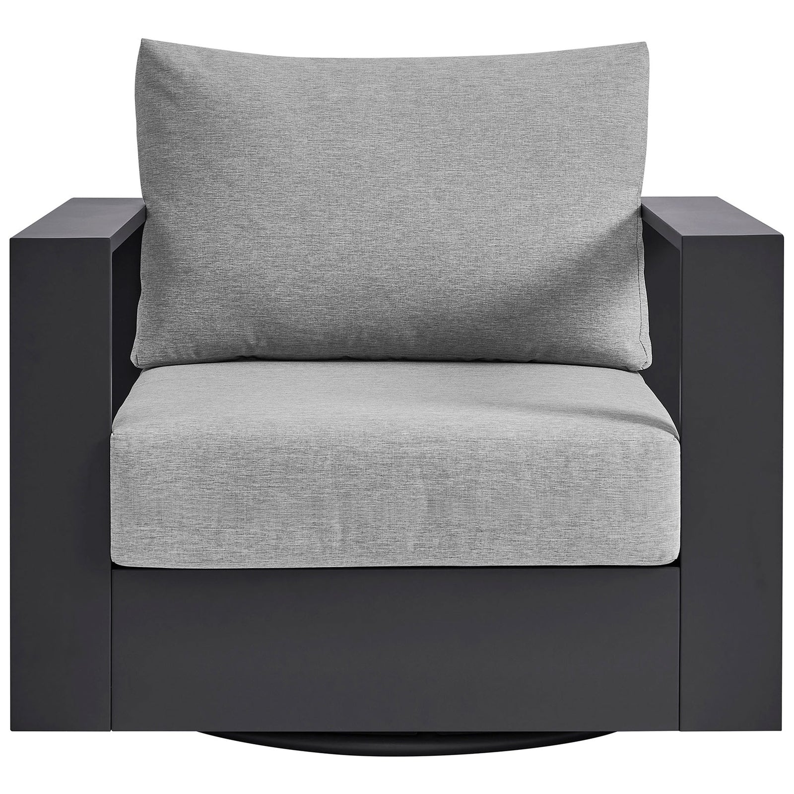 Tahoe swivel patio armchair with light gray cushions and charcoal frame for modern outdoor seating || EEI-7728-GRY-GRY || front_studio