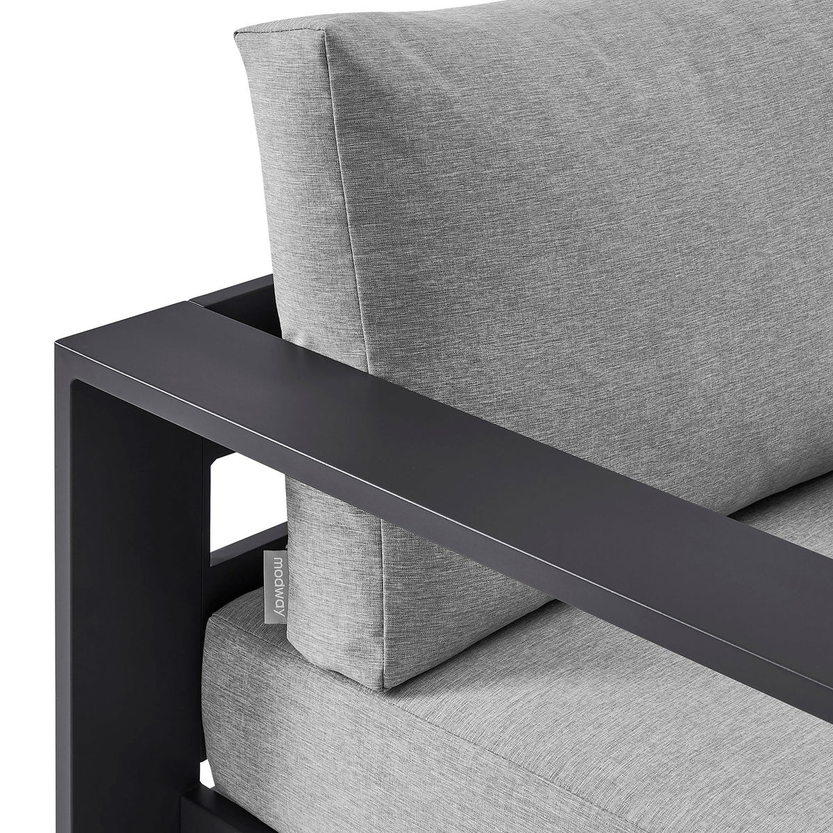 Charcoal armrest contrasted with soft gray back cushion and subtle heathered fabric texture || EEI-7728-GRY-GRY || detail_studio