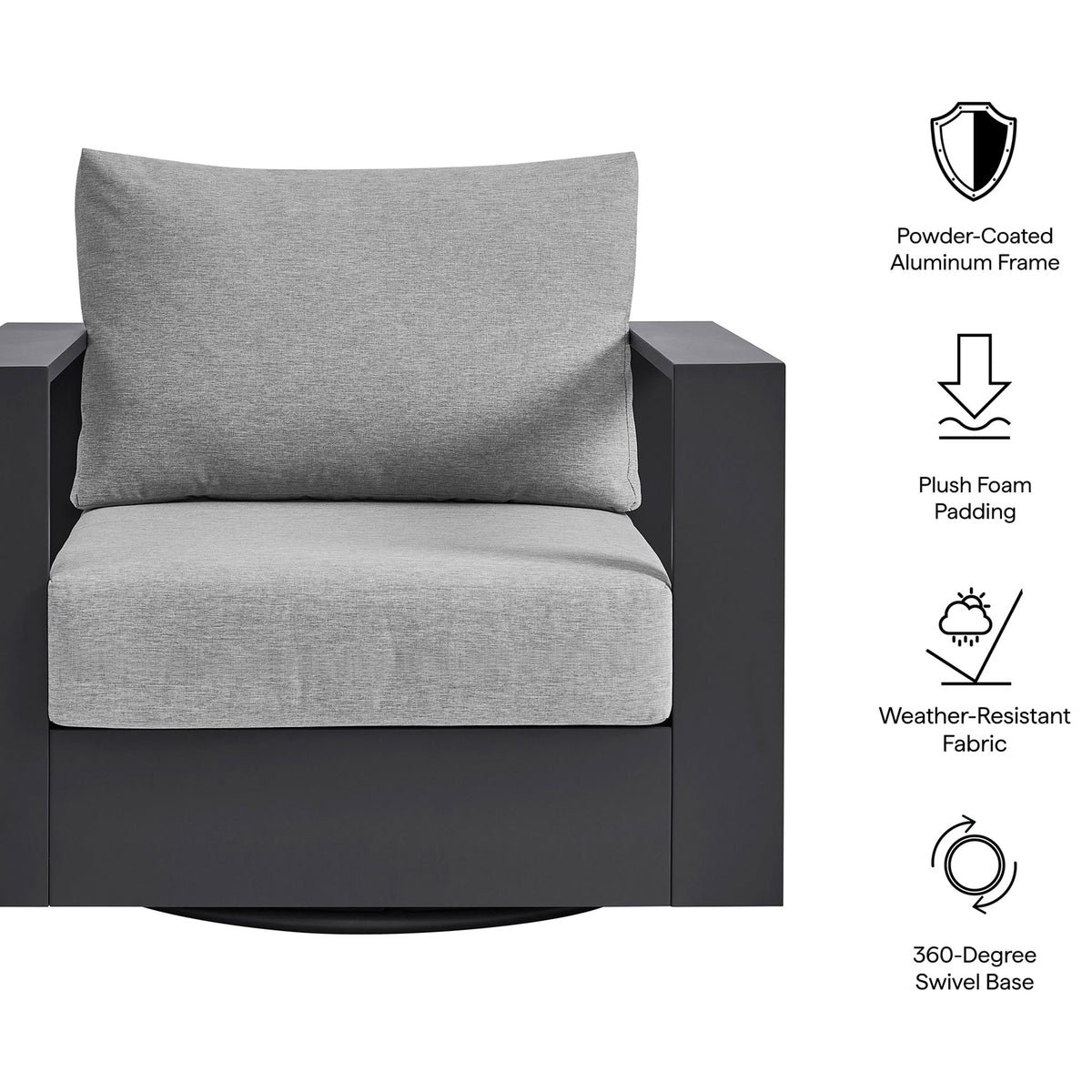 Feature graphic for Tahoe swivel armchair calling out powder-coated frame plush foam and swivel base || EEI-7728-GRY-GRY || callout_studio