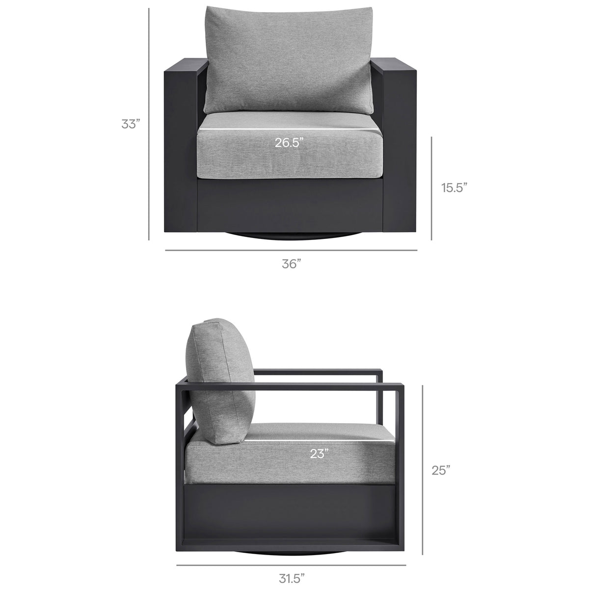 Measurement graphic for Tahoe armchair outlining overall width depth height and seat dimensions || EEI-7728-GRY-GRY || dimension_studio