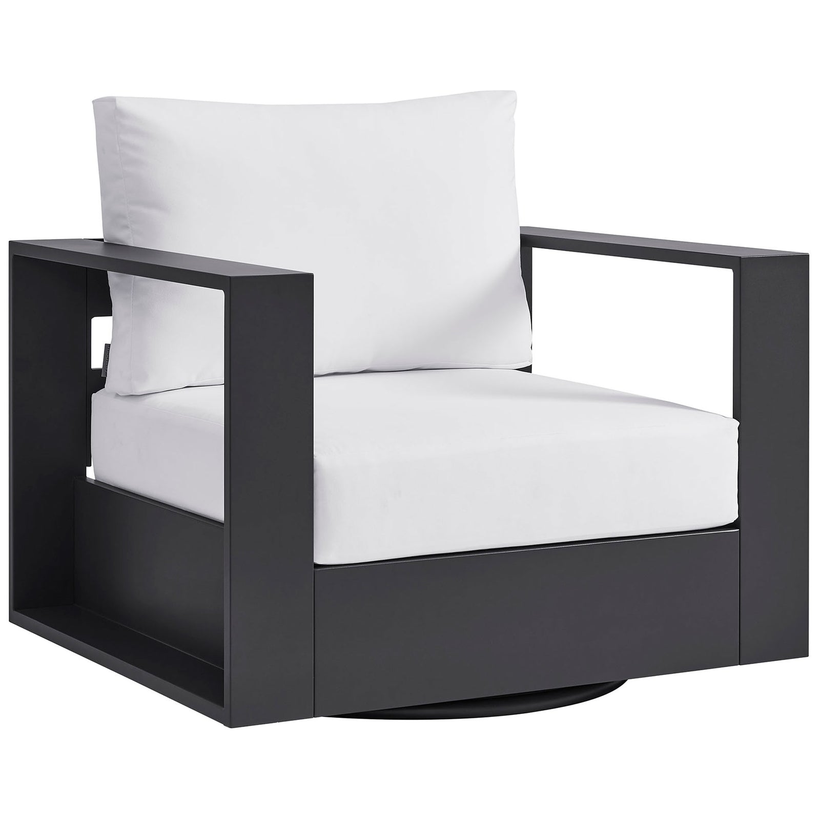 Modern outdoor armchair with bright white cushions deep seat and wide arms on swivel base || EEI-7728-GRY-WHI || front_angle_studio
