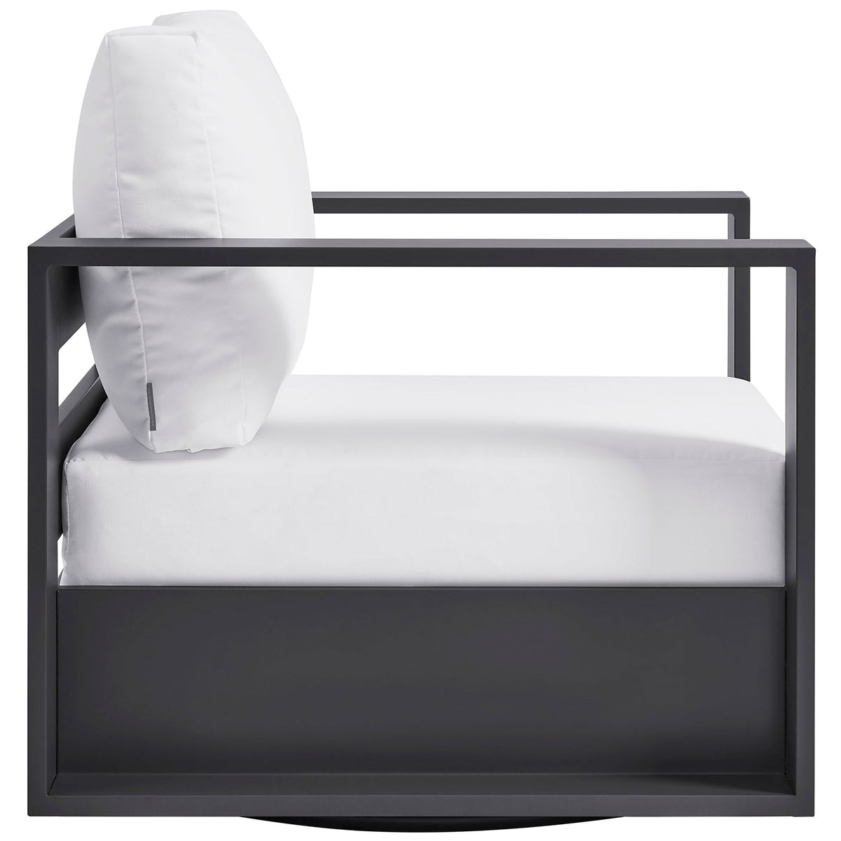 Tahoe patio armchair side silhouette featuring low seat and thick white outdoor cushions || EEI-7728-GRY-WHI || side_studio
