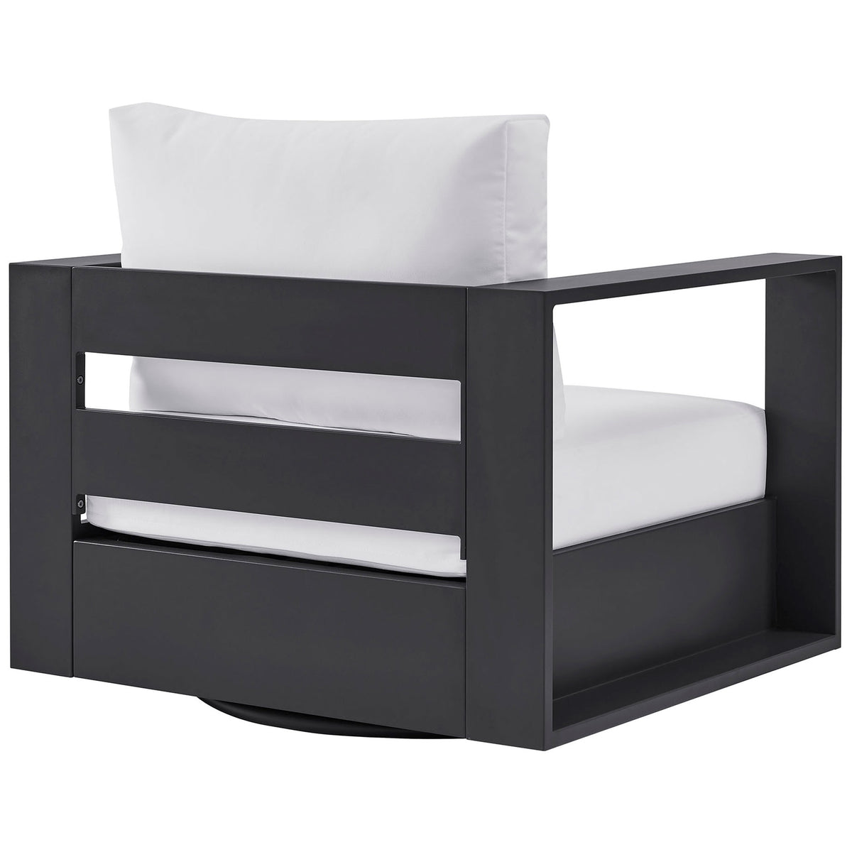 Back of Tahoe swivel armchair with horizontal slats and plush white back cushion || EEI-7728-GRY-WHI || back_angle_studio