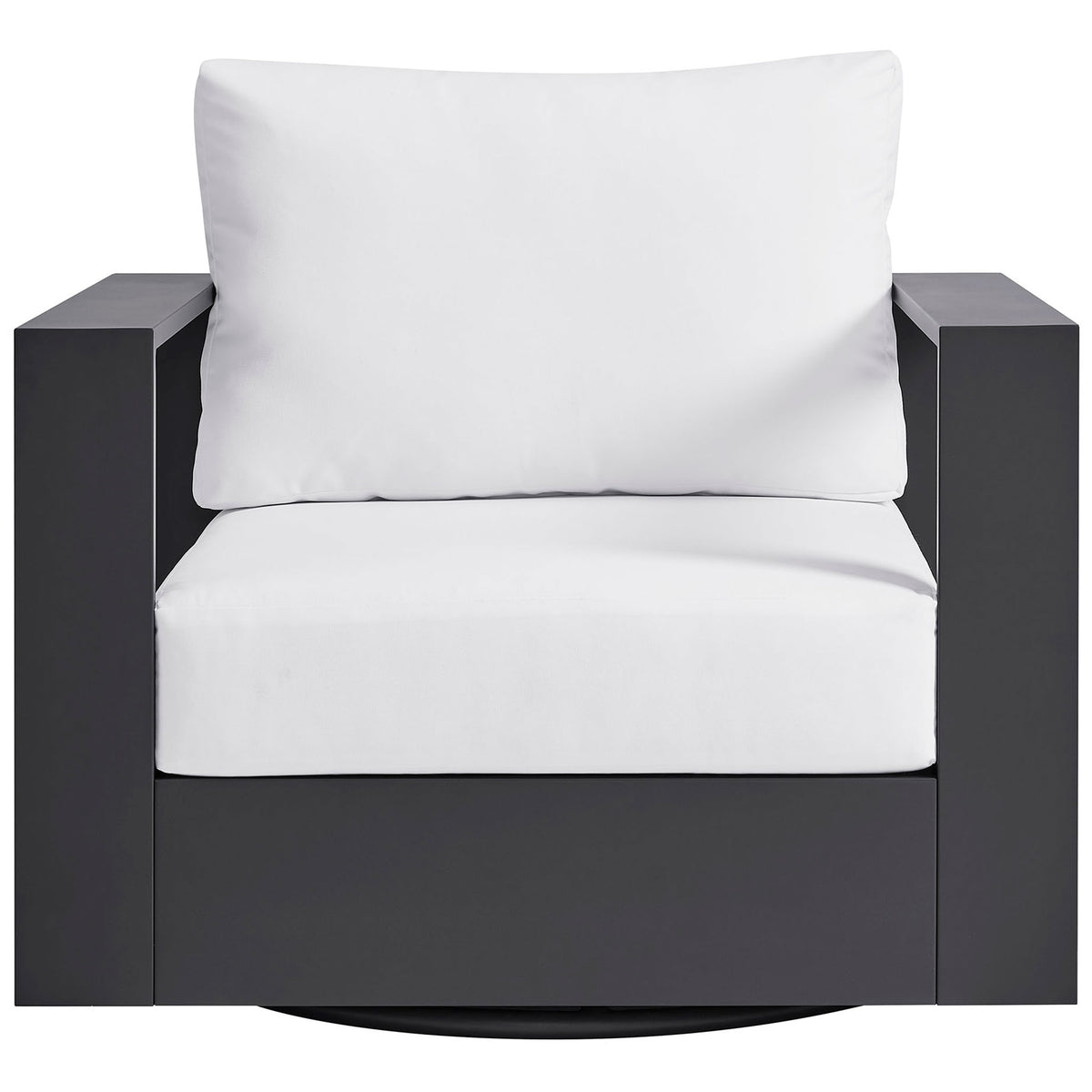 Tahoe swivel patio armchair with crisp white cushions and dark charcoal aluminum cube frame || EEI-7728-GRY-WHI || front_studio