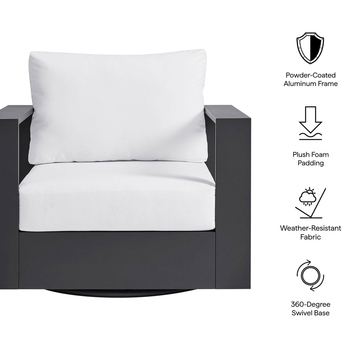 Feature graphic for Tahoe armchair highlighting powder-coated frame plush padding and weather-resistant fabric || EEI-7728-GRY-WHI || callout_studio
