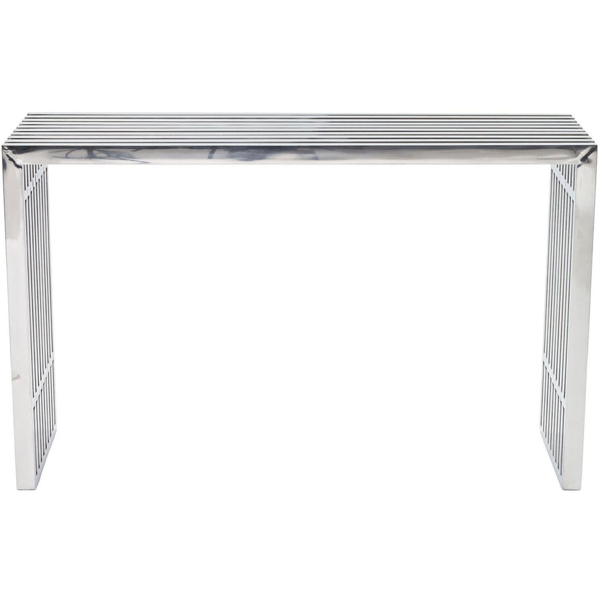 Sleek stainless steel console table with open slat design and polished silver finish || EEI-779-SLV || front_studio