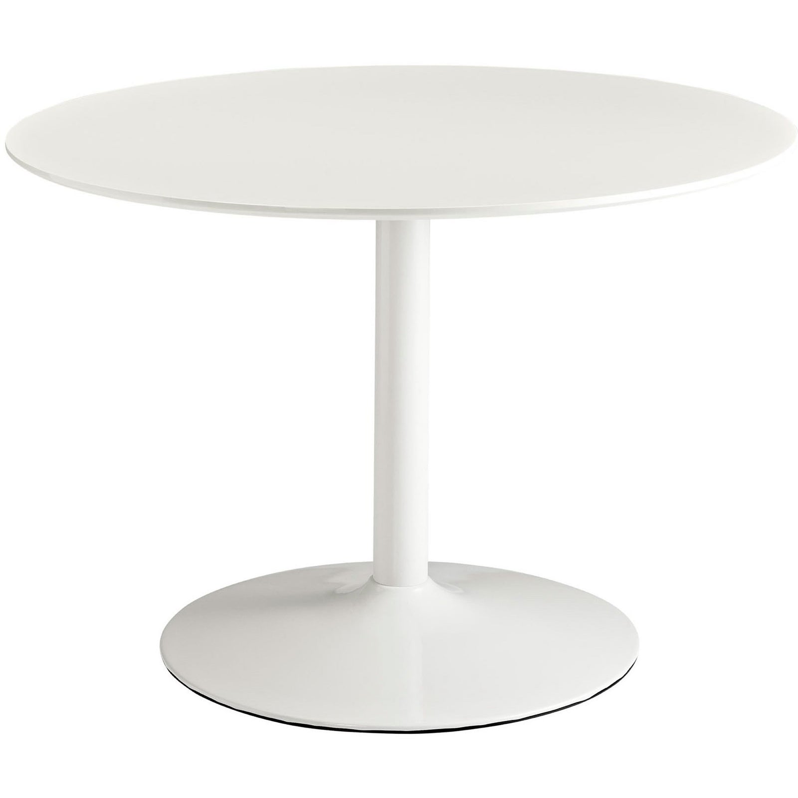 White round pedestal dining table with slim column base and glossy modern finish. || EEI-785-WHI || front_angle_studio