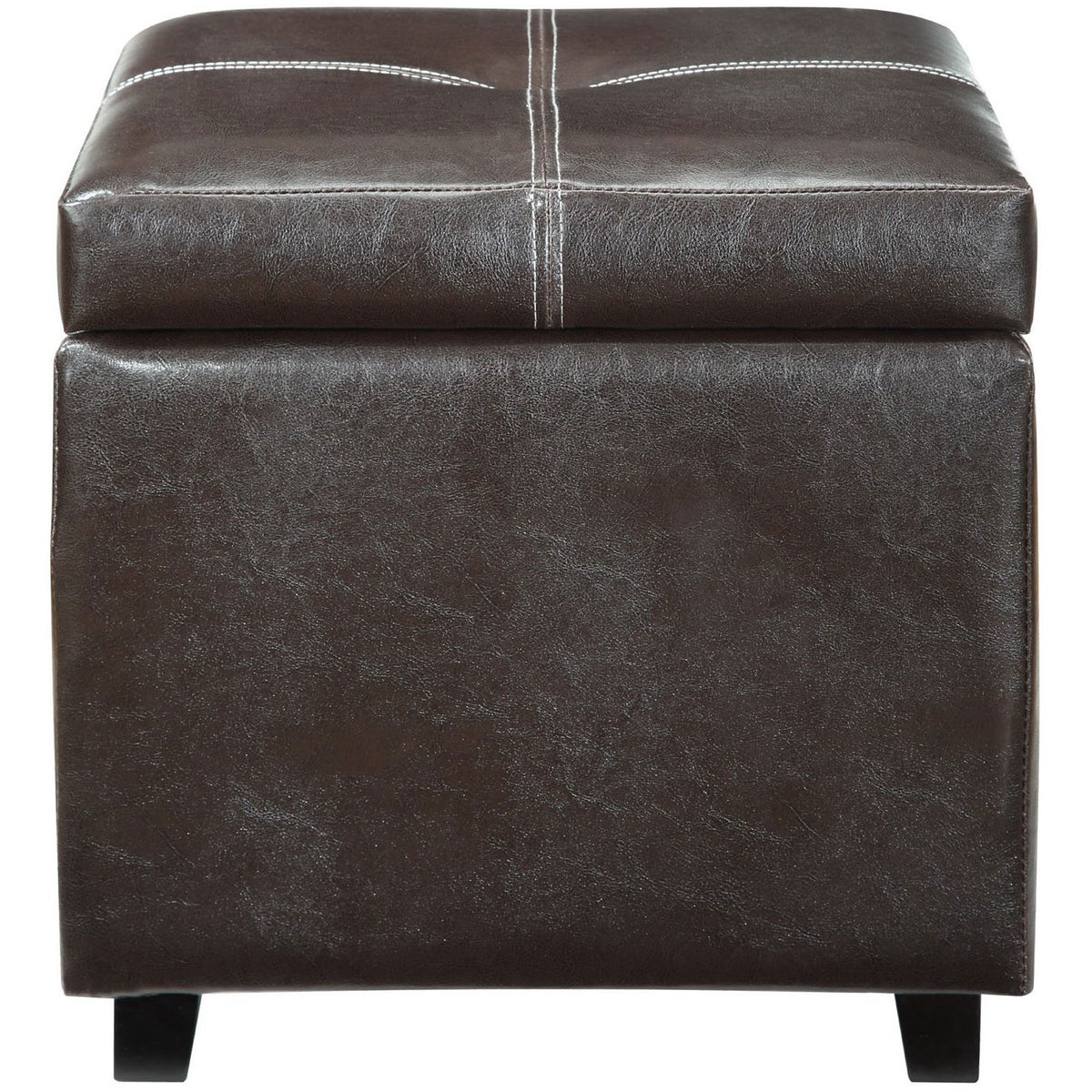 Espresso vinyl storage ottoman with contrast stitching and block wood legs for versatile living room seating. || EEI-814-BRN || front_studio