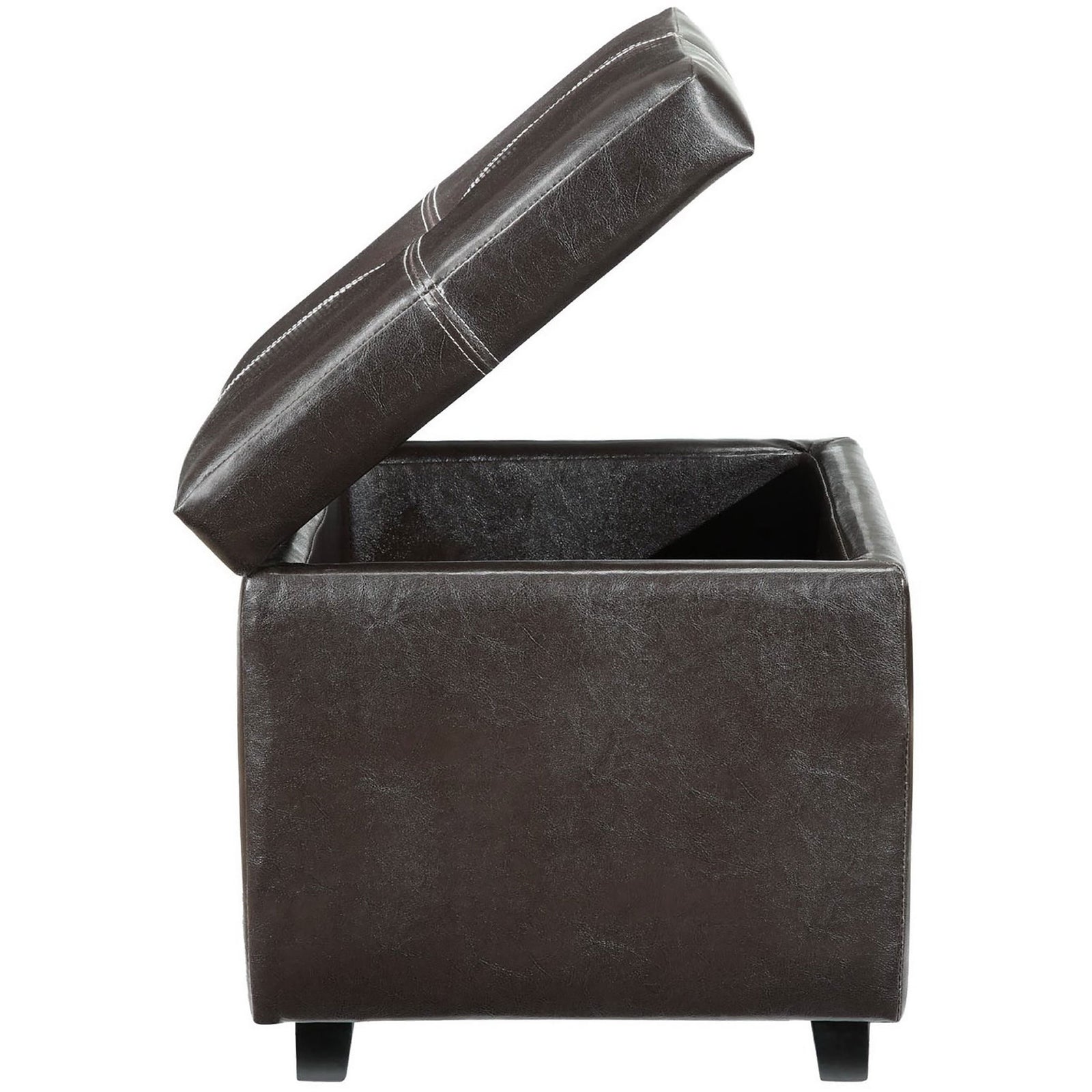 Lift top reveals a roomy lined storage compartment inside the espresso vinyl cube ottoman for blankets or accessories. || EEI-814-BRN || side_open_studio