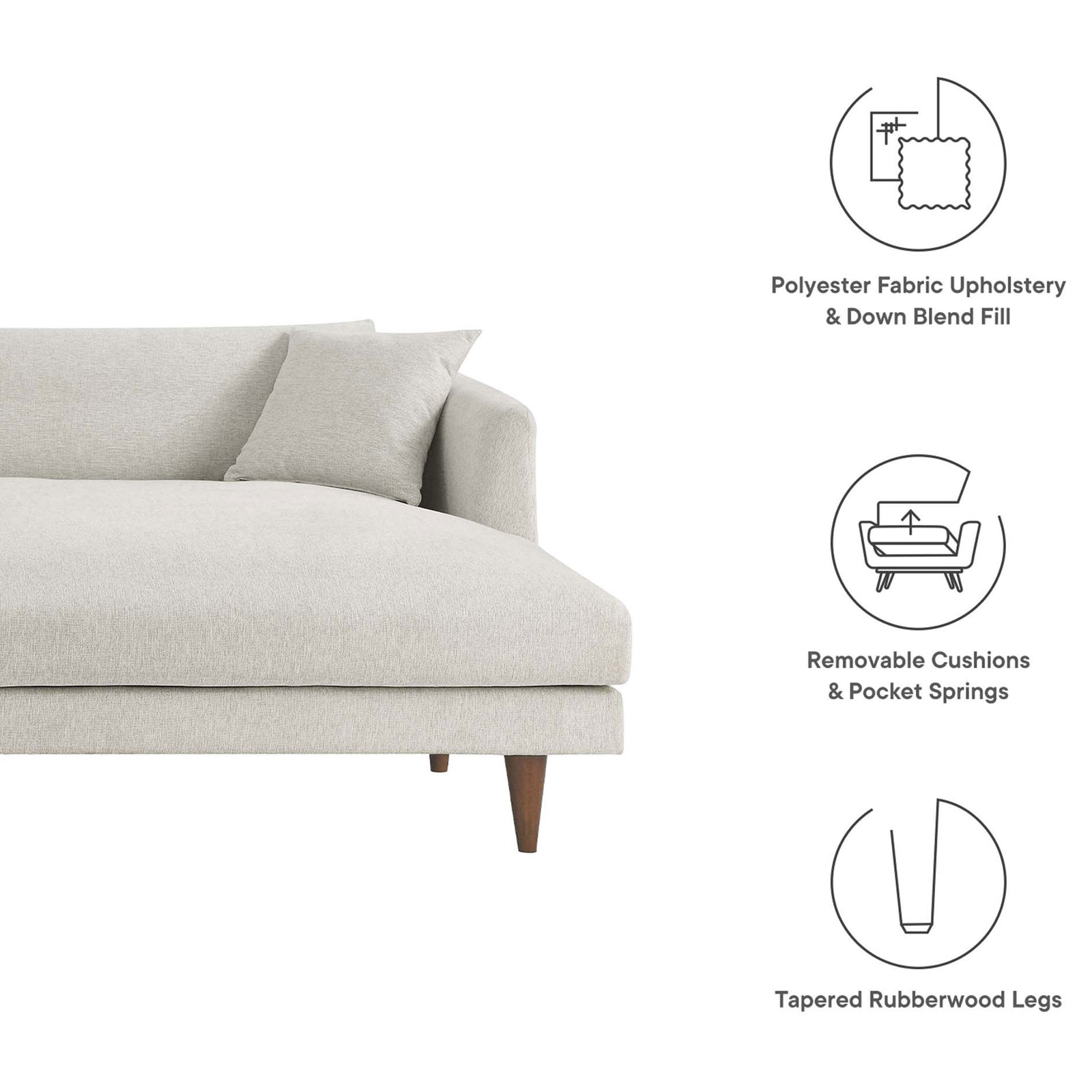 Detailed view of sectional arm and cushion with icons highlighting fabric, cushions, and legs || EEI-6612-HEI || callout_studio