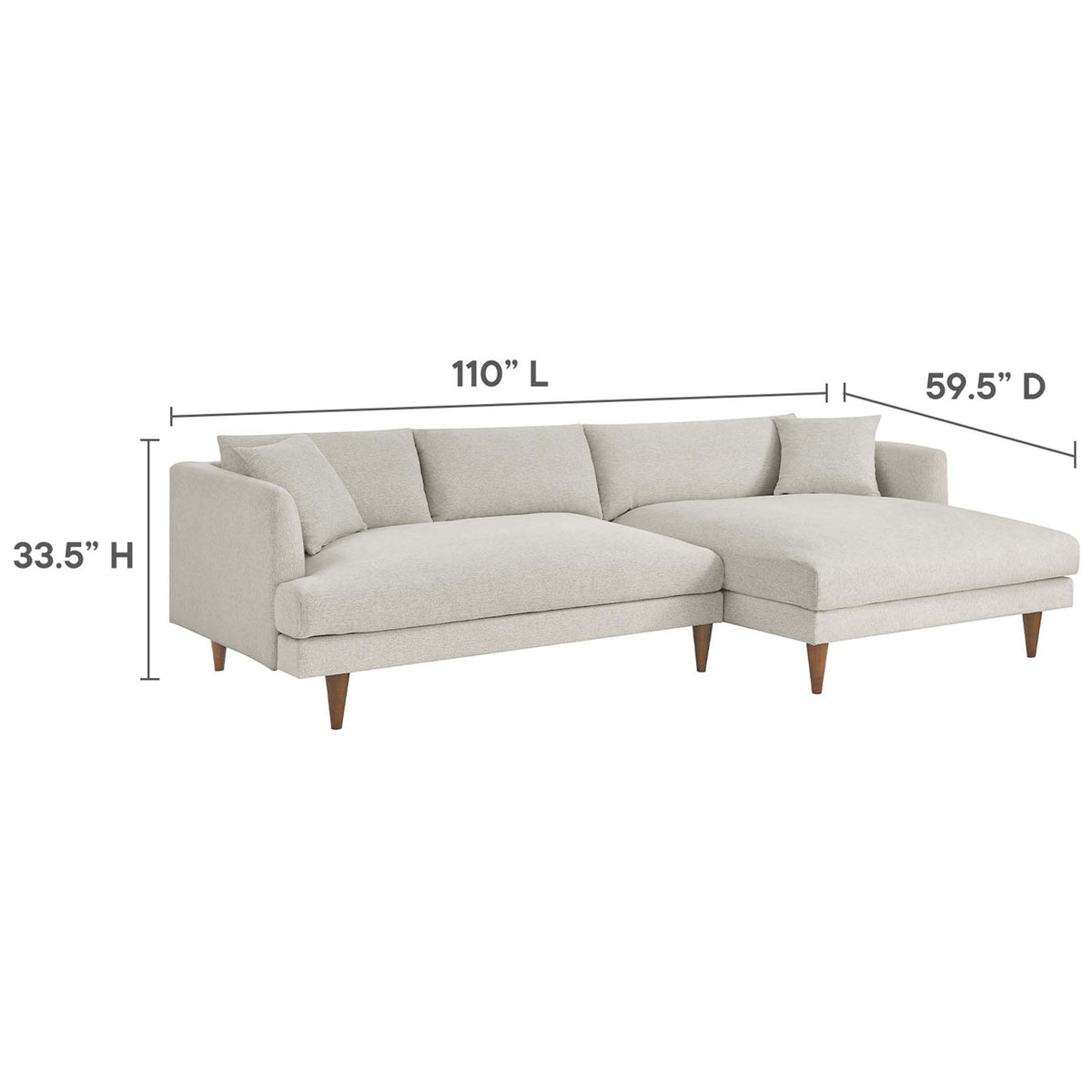 Sectional sofa shown with labeled dimensions for overall height, length, and depth || EEI-6612-HEI || dimension_studio