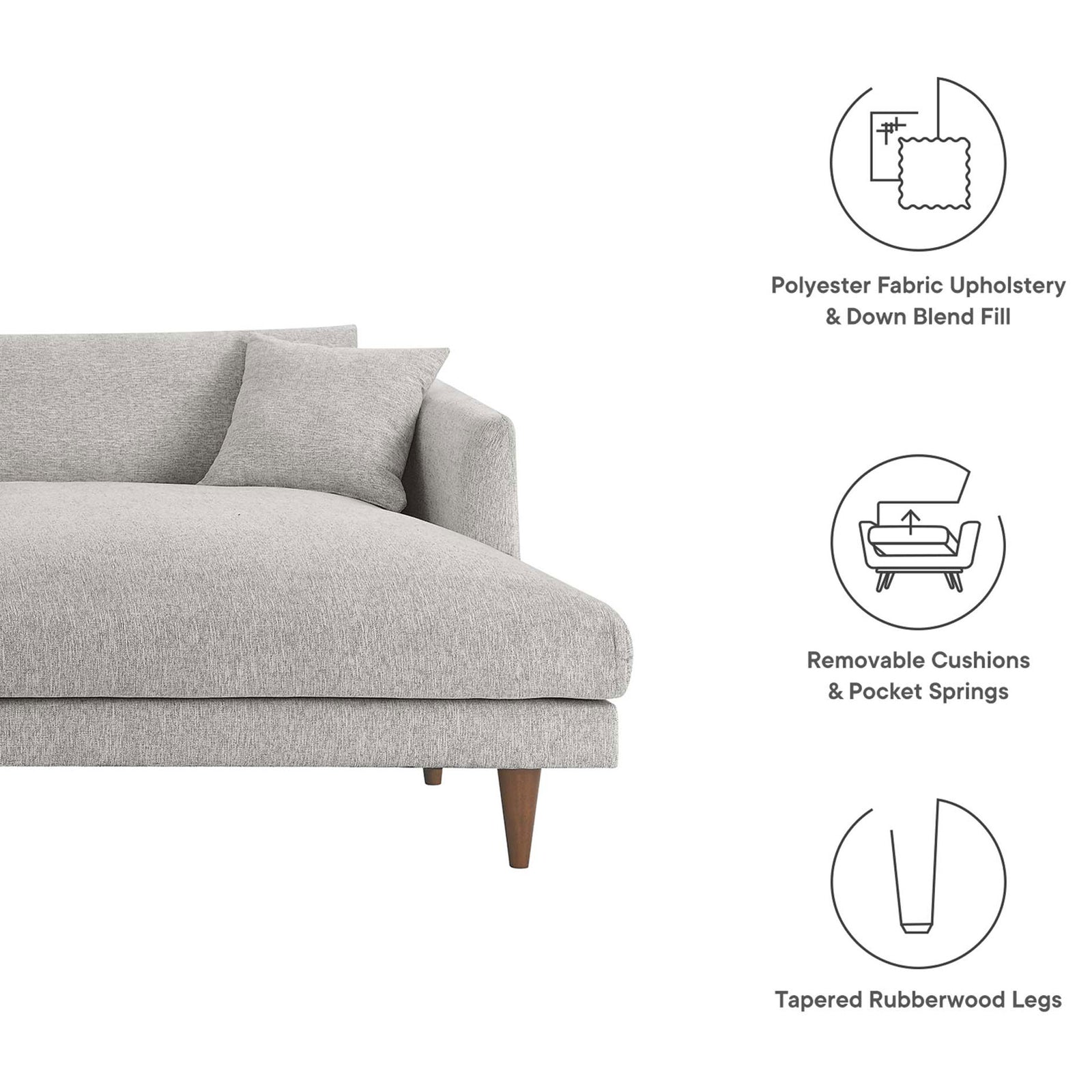 Light gray chaise end of sectional with soft upholstery and feature icons highlighting cushions and tapered legs || EEI-6612-HLG || callout_studio