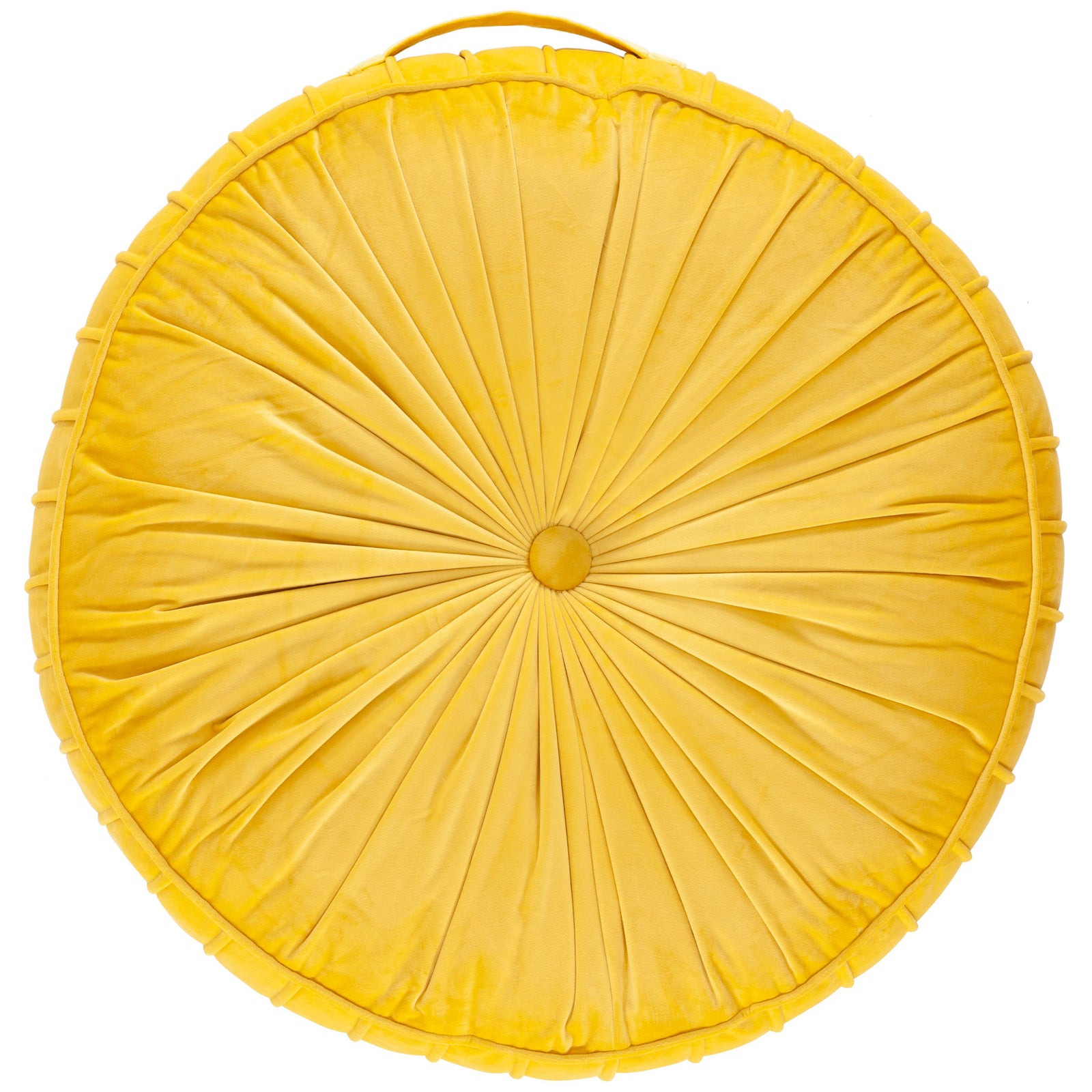 Bright mustard floor cushion combines plush gathered fabric with a neatly tailored circular silhouette || FLP1000A-2424 || front_studio