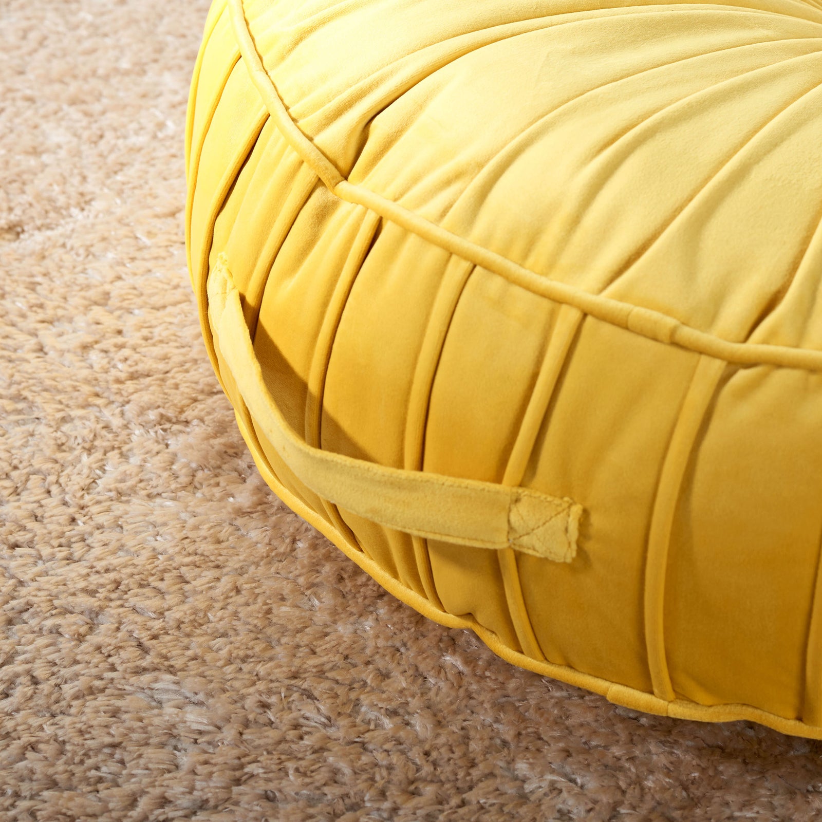 Mustard floor pillow has a fabric carrying handle, pleated sides, and piped seams || FLP1000A-2424 || handle_room
