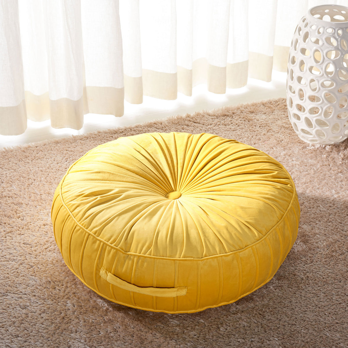 Golden mustard floor pillow offers a plump, pleated cushion with a built-in side carry handle || FLP1000A-2424 || front_angle_room