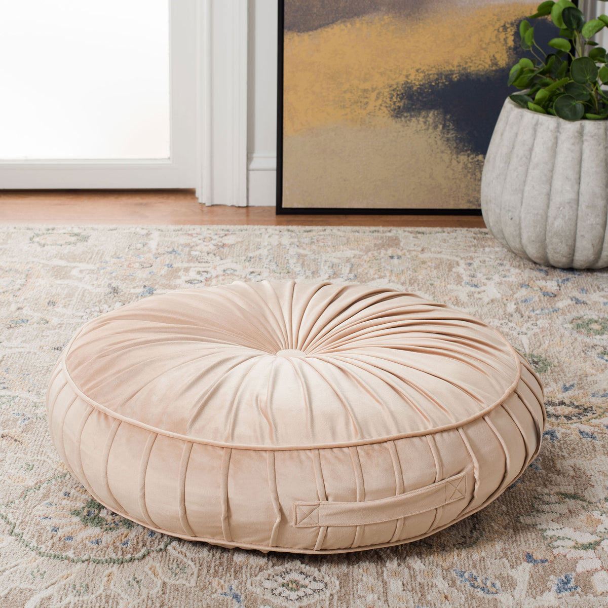 Plush champagne floor pillow features a gathered top, piped edge, and convenient side handle || FLP1000C-2424 || front_angle_room
