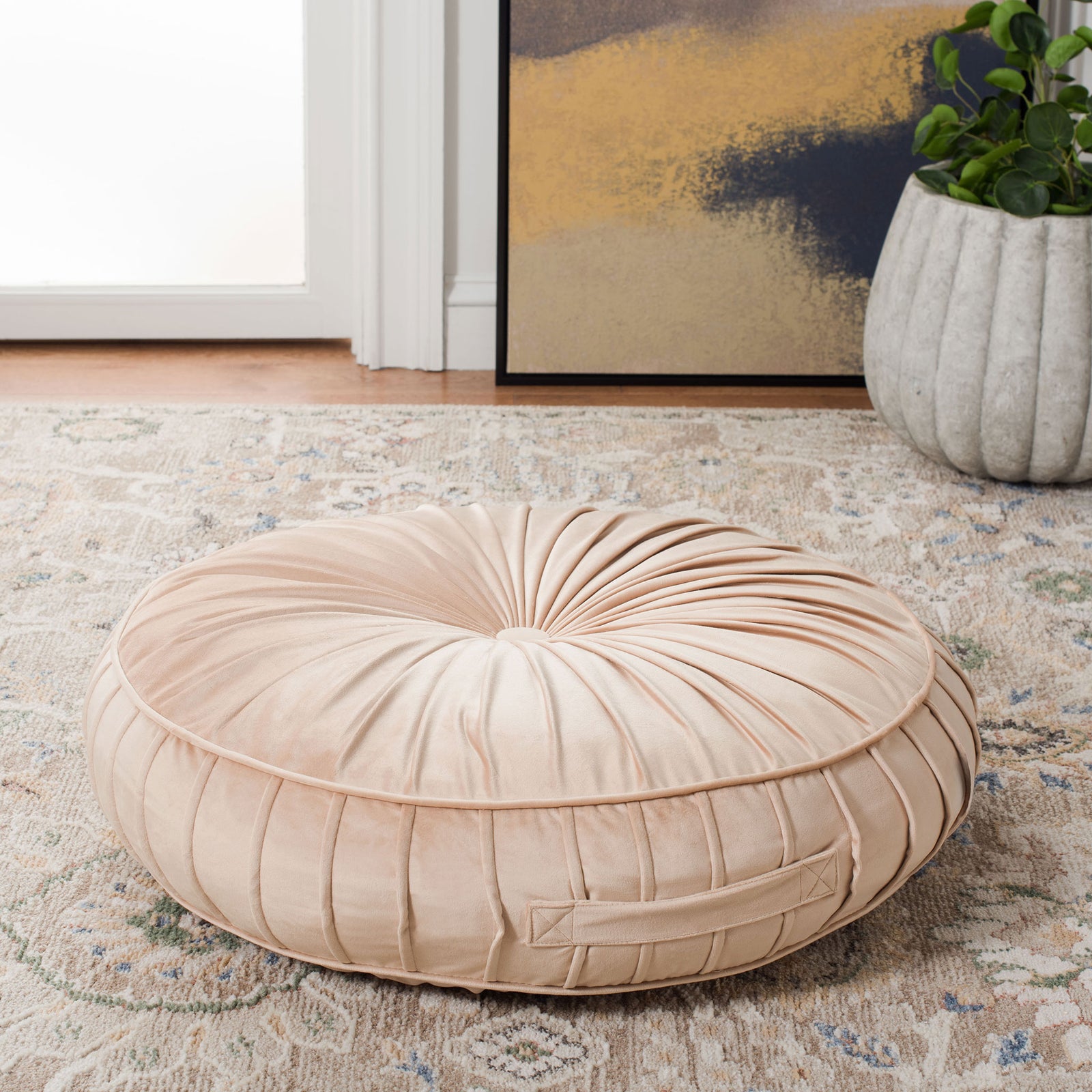 Plush champagne floor pillow features a gathered top, piped edge, and convenient side handle || FLP1000C-2424 || front_angle_room