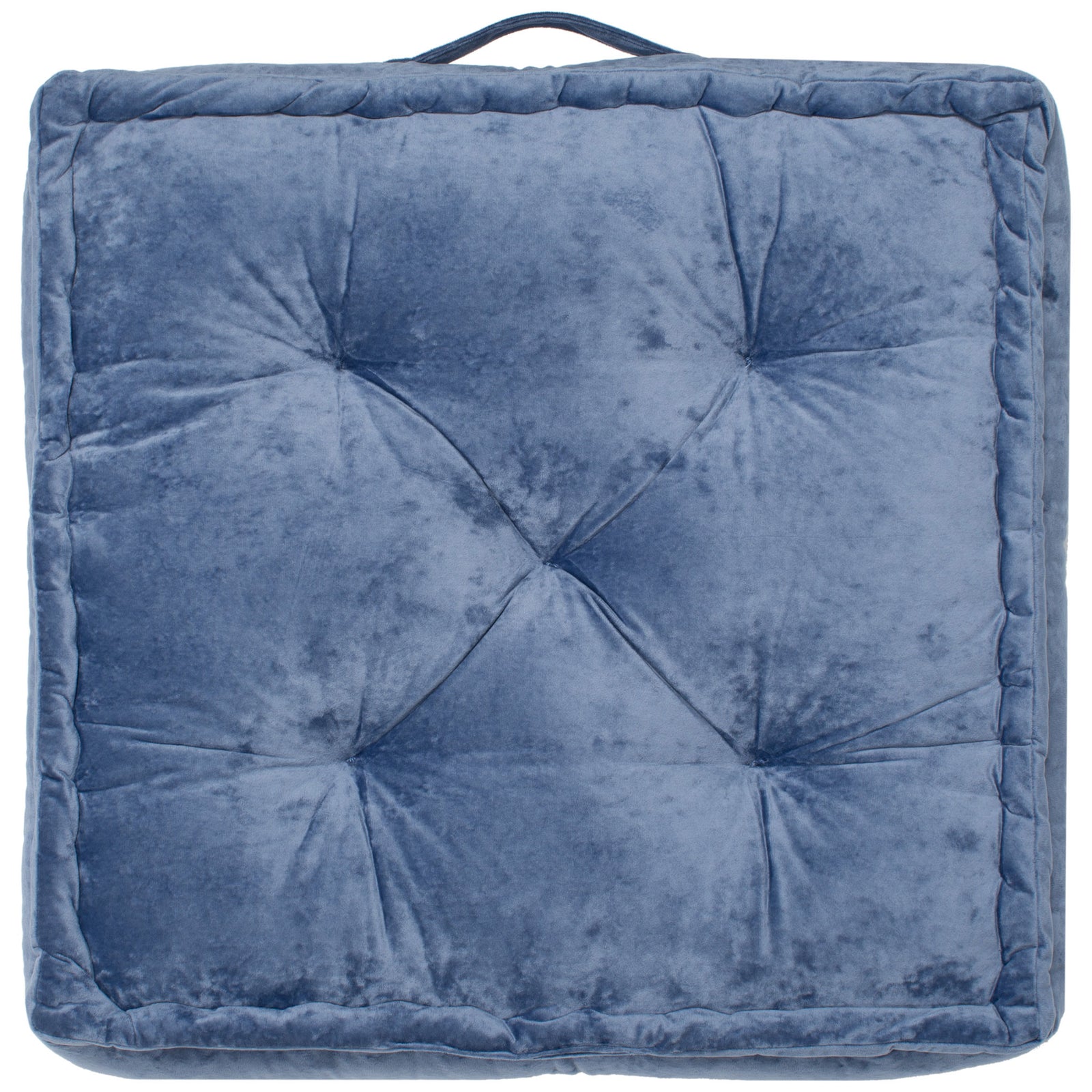 Blue tufted floor pillow has a plush square surface, a padded border, and a slim carry loop. || FLP1001A-2424 || back_studio