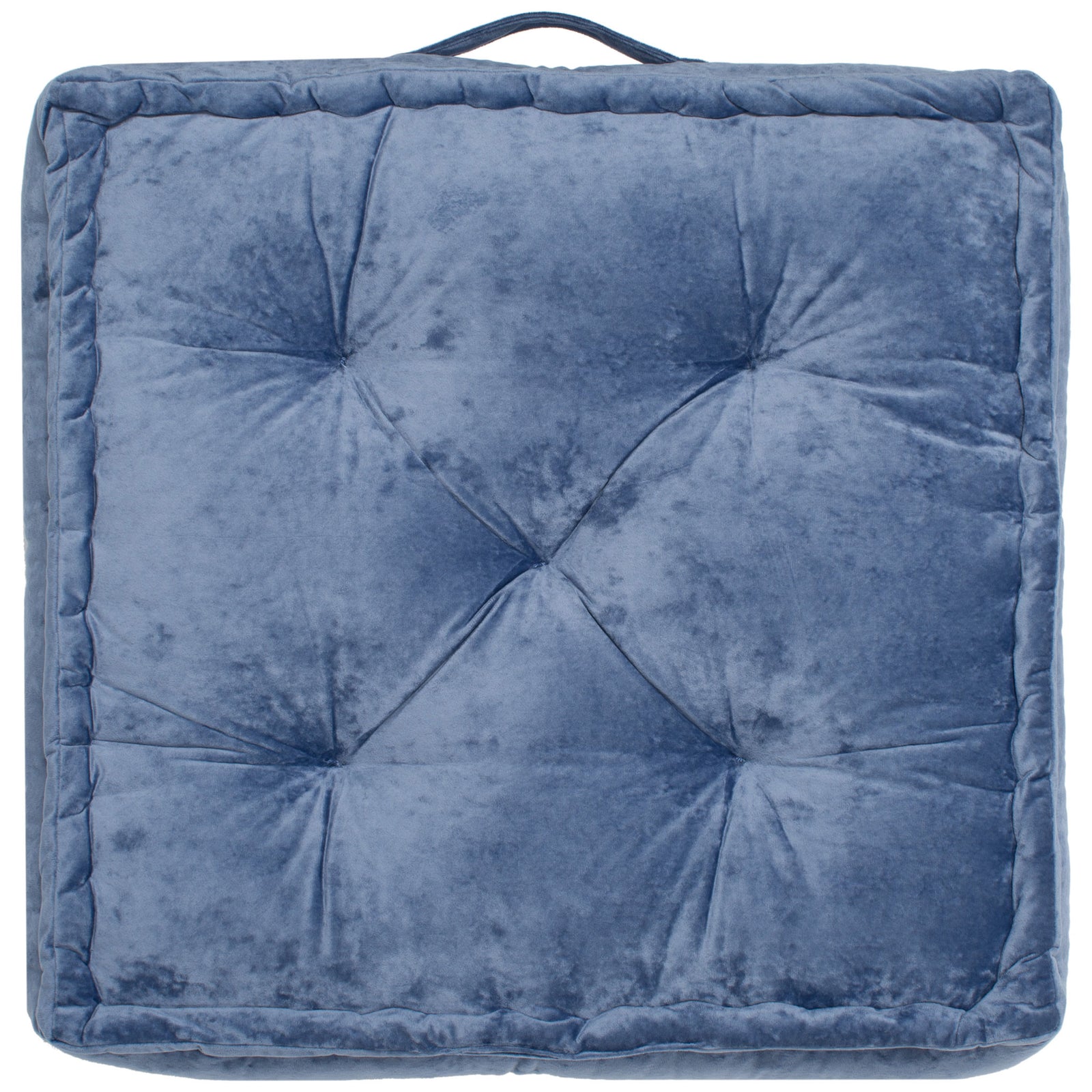 Plush blue floor cushion pairs deep tufting with a soft border and a matching carry loop. || FLP1001A-2424 || front_studio
