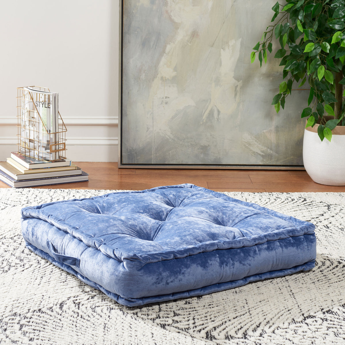 Velvety blue floor pillow brings cushioned comfort and textured tufting to relaxed lounging. || FLP1001A-2424 || front_angle_room
