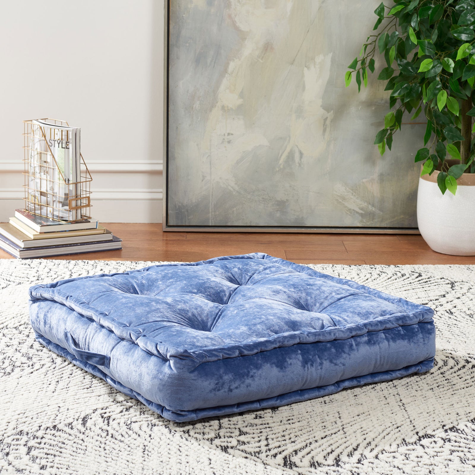 Velvety blue floor pillow brings cushioned comfort and textured tufting to relaxed lounging. || FLP1001A-2424 || front_angle_room