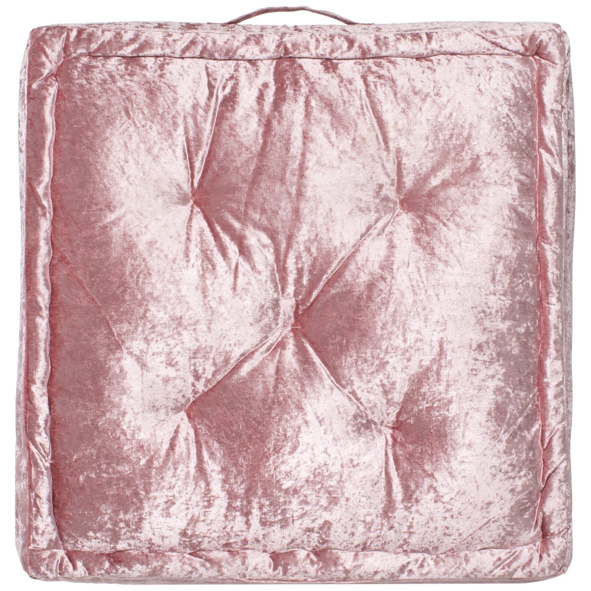 Blush floor pillow features gentle tufting, a padded square edge, and a matching carry loop. || FLP1001B-2424 || back_studio