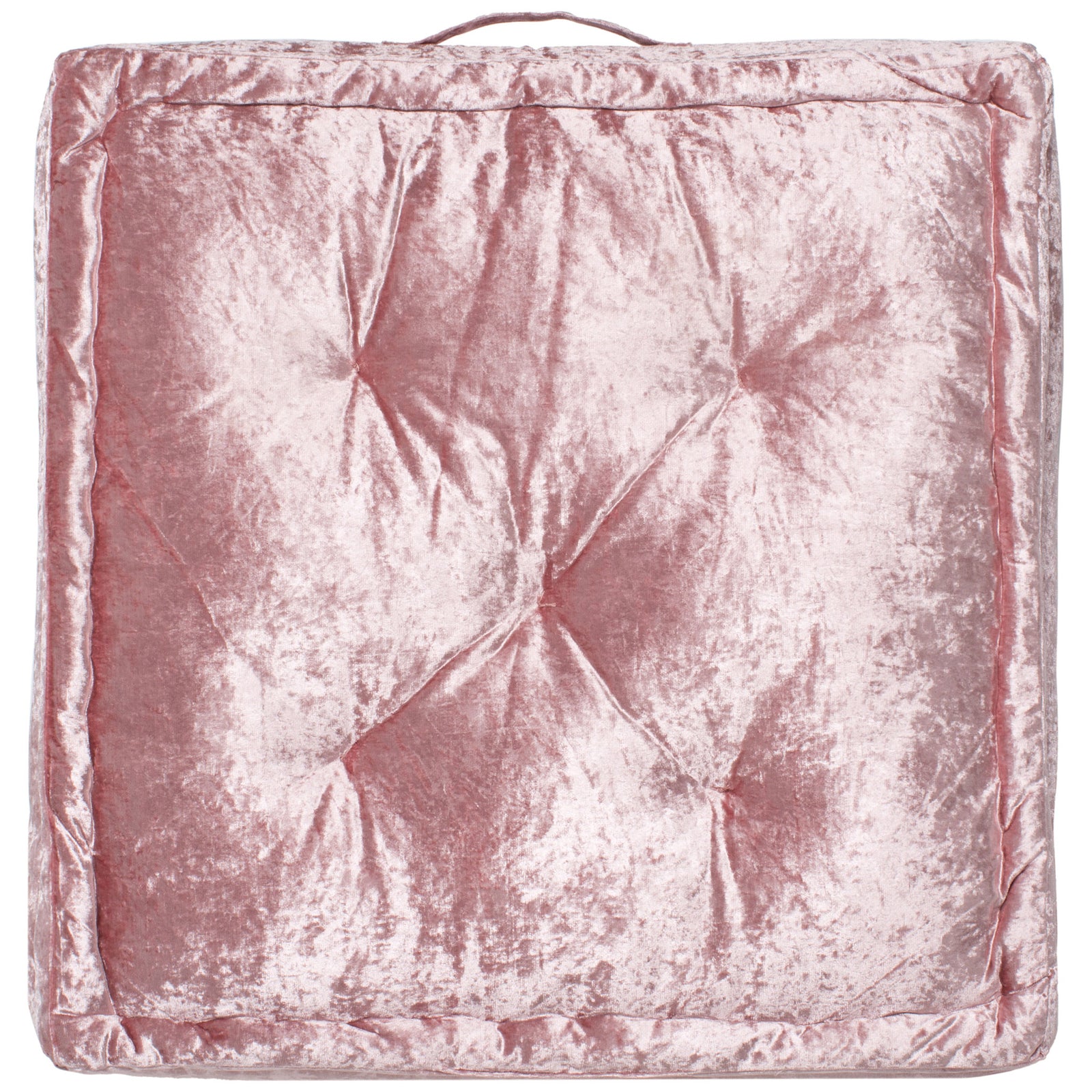 Blush floor pillow features gentle tufting, a padded square edge, and a matching carry loop. || FLP1001B-2424 || back_studio