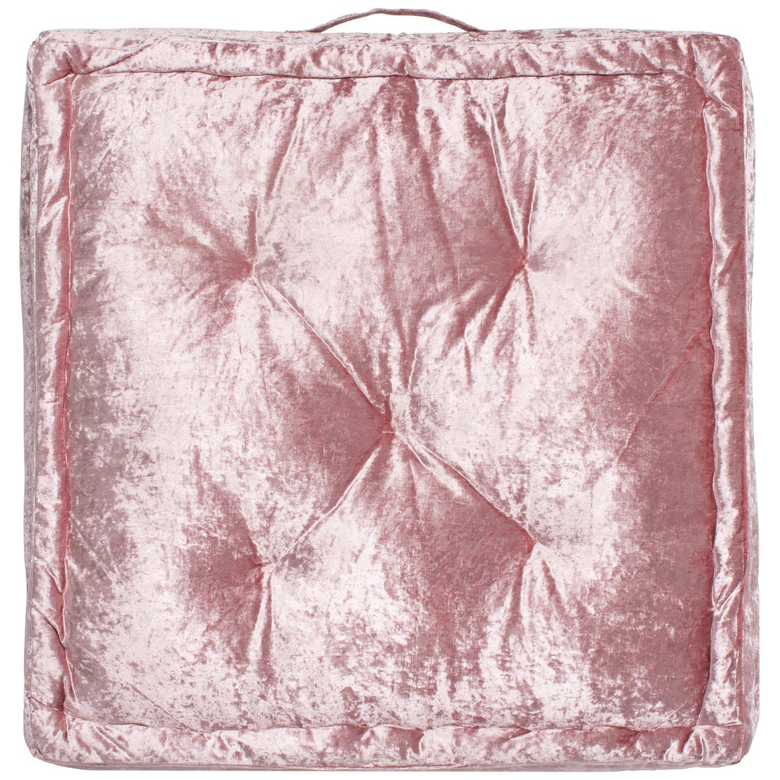 A velvety blush floor cushion pairs sculpted tufting with a softly raised border. || FLP1001B-2424 || front_studio