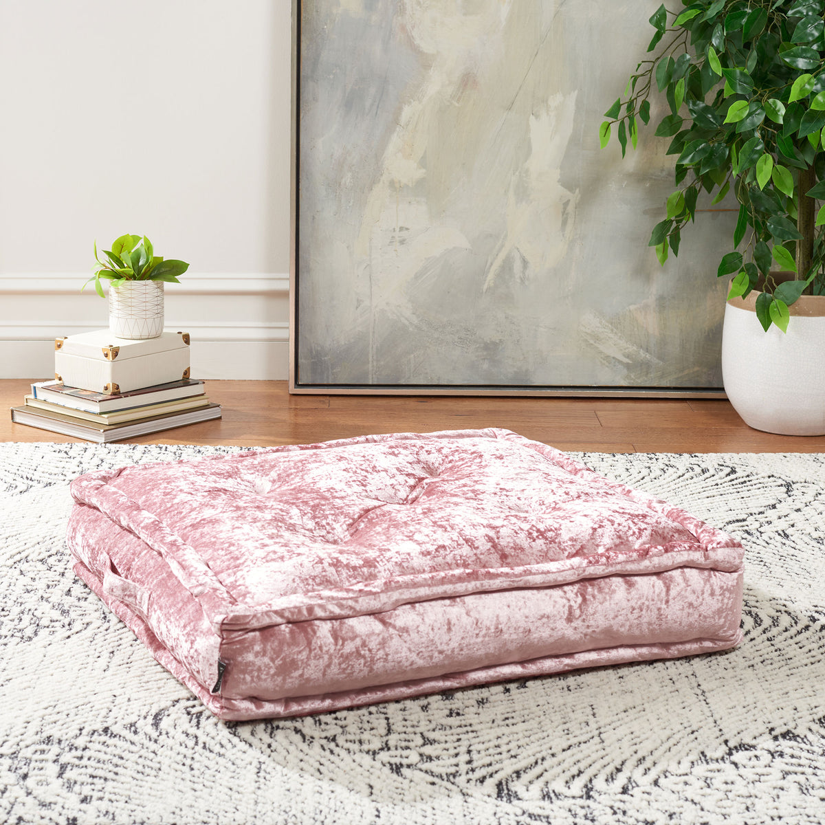 Soft blush floor pillow adds a generous cushioned seat and a subtle sheen. || FLP1001B-2424 || front_angle_room