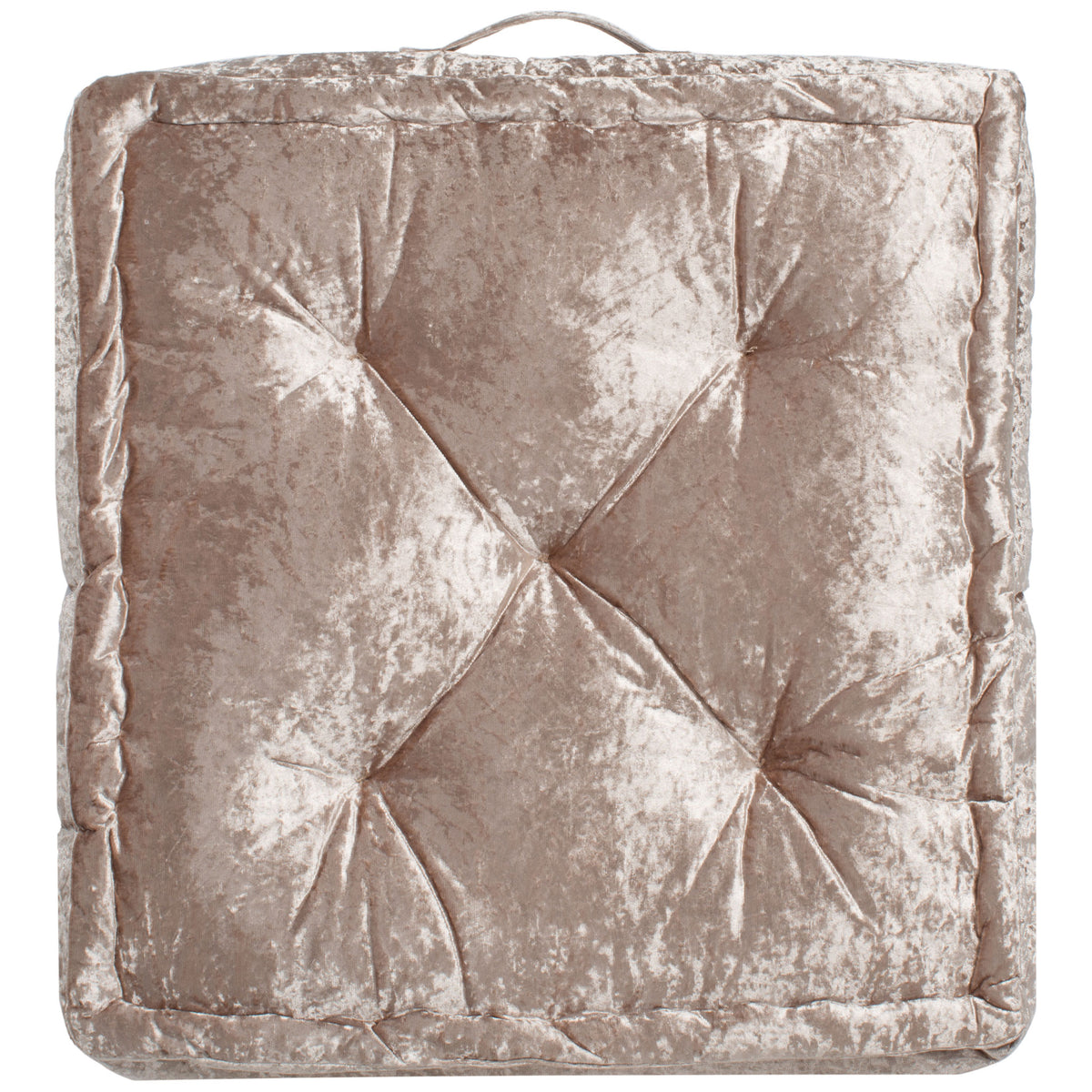 Shimmering champagne floor cushion combines deep tufting with a plush square shape. || FLP1001F-1818 || front_studio